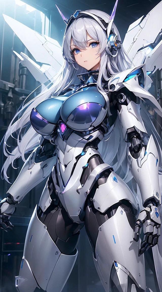 ((Intense action pose:1.6))、((Shining lenses on both breasts:1.3))、((Blue pillars of light are emanating from both chests.:1.3))、smile、((8K)), ((32k)), ((Highest quality)), ((masterpiece)), ((超A high resolution)), ((Tmasterpiece)), ((Halation:1.4))、((Mechaニカルheadgear:1.2))、((Cyber headphones:1.3))、Fine skin, High quality fabric, Fine metal texture、((Beautiful and dense face))、RAW Photos、Professional, Ultra-fine painting, ((alone)), Beautiful breasts、Highest quality, Very detailed, Very detailed詳細, Finer details, so beautiful, ((Princess Knight Robot:1.2)), (Joints of machines, Mechanical Limbs:1.3), (The internal structure of the machine is exposed:1.3), (Long silver hair:1.1), (Beautiful and huge mechanical breasts)、White Veil, cowboy_shot, Side Focus, headgear, Shiny、(Five Fingers, Four fingers and thumb),Concept Art, Anime fantasy artwork, Detailed fantasy art, (with pale blue-violet hair and large white wings,,,,,,,), (((Long silver hair))), (Mecha:1.6)、Sleek and intimidating design, ((Commander-in-Chief'arm)), (Perfect robot body)、純白と青紫armまたは, Symmetrical wings, 8K high quality, detailed art, 3D rendering of character art in 8K, neat legs, Defined, Defined fingers,