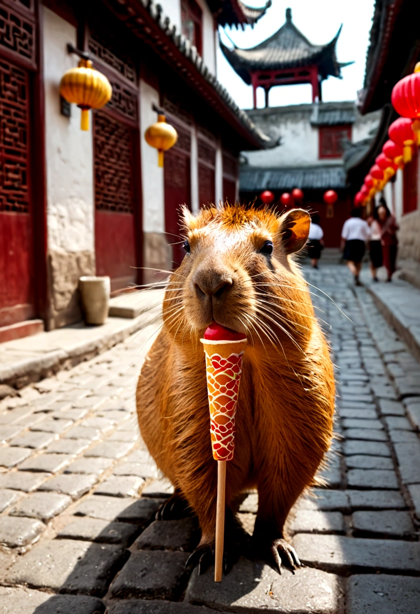 Capybara wearing sunglasses and headphones walking on the streets of a medieval Chinese city, eating ice cream, detailed fur, detailed facial features, extremely detailed, 4k, high resolution, realistic, photorealistic, professional, highly detailed, vibrant colors, cinematic lighting, intricate architecture, Chinese style buildings, cobblestone streets, lanterns, crowds of people, detailed textures, beautiful colors, natural lighting, dynamic composition, depth of field, pristine details