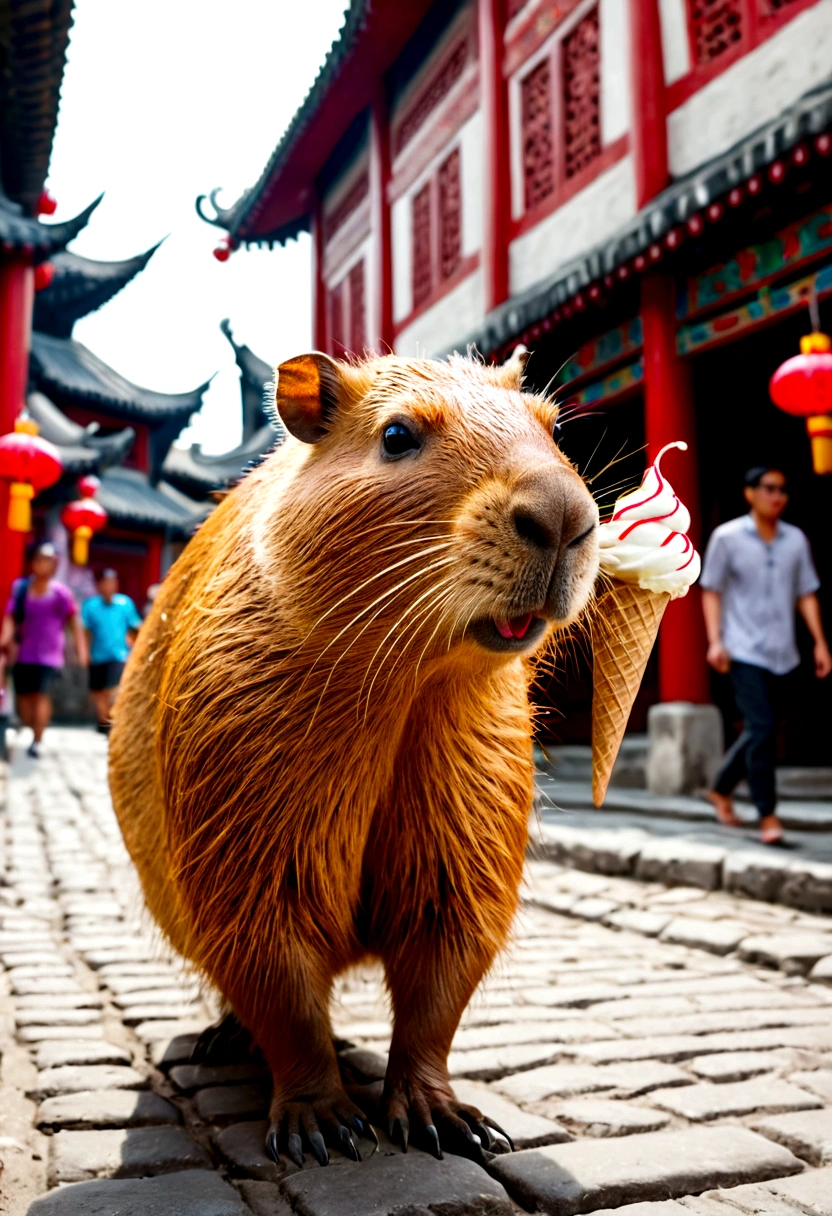 Capybara wearing sunglasses and headphones walking on the streets of a medieval Chinese city, eating ice cream, detailed fur, detailed facial features, extremely detailed, 4k, high resolution, realistic, photorealistic, professional, highly detailed, vibrant colors, cinematic lighting, intricate architecture, Chinese style buildings, cobblestone streets, lanterns, crowds of people, detailed textures, beautiful colors, natural lighting, dynamic composition, depth of field, pristine details
