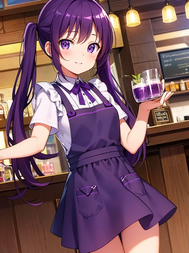{{Masterpiece}},{{best quality}},{{illustration}},{beautiful detailed eyes},{{cinematic lighting}},rize tedeza,purple hair,pigtails,purple shirt,purple ribbon,around collar,purple apron,dark purple skirt,carrying drinks,waitress,face of happiness, smile mouth,cafe background,yellow lightings 