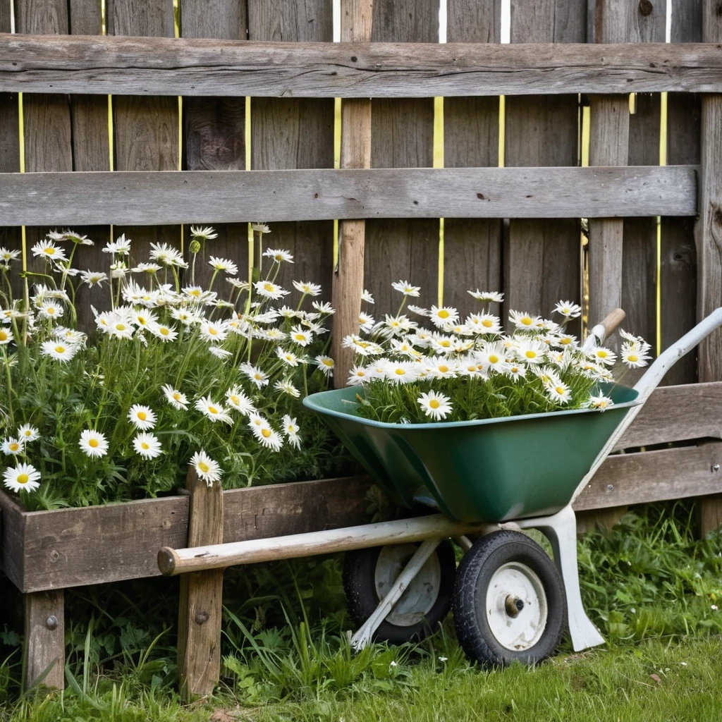 Close-up shot of daisies growing along a rustic wooden fence with a charming vintage wheelbarrow