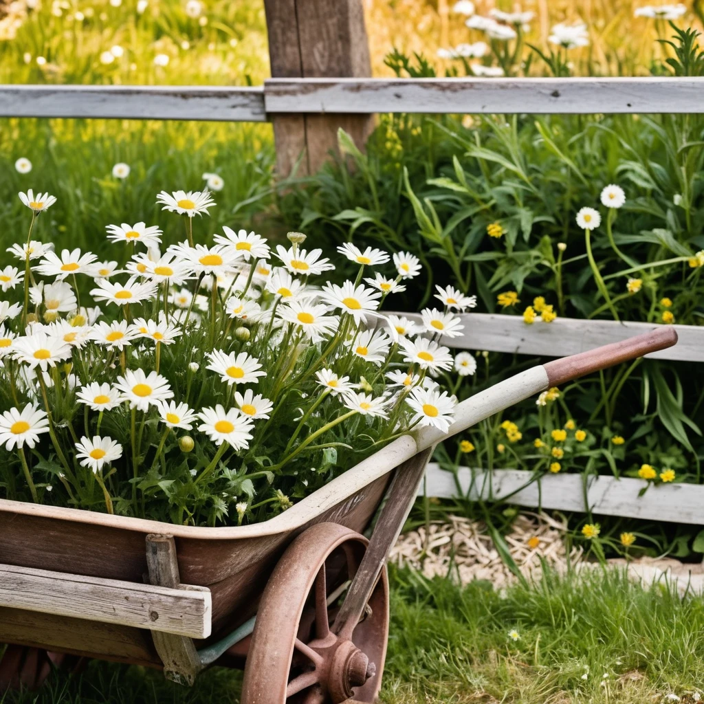 Close-up shot of daisies growing along a rustic wooden fence with a charming vintage wheelbarrow