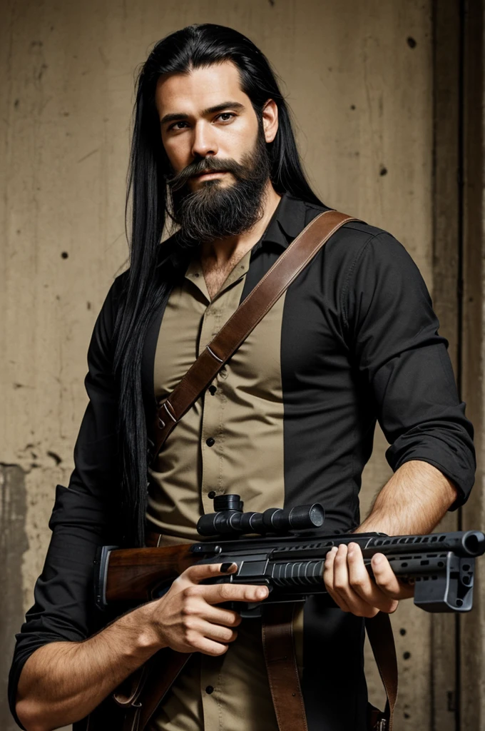 Raise a tall man, kinda thin, scruffy beard, long straight black hair holding a rifle