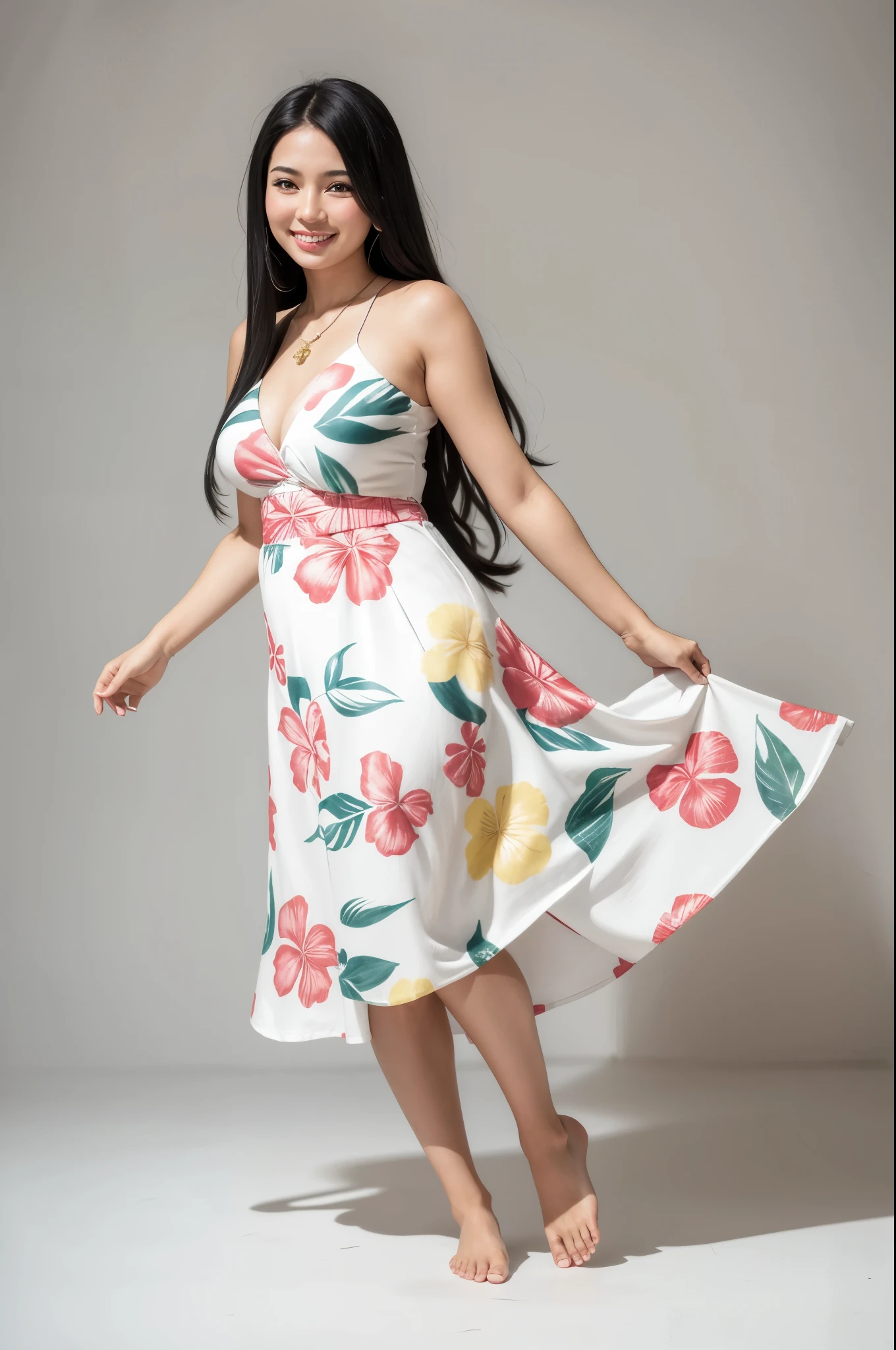 create a 28 year old Brazilian woman, long black hair, barefoot, white backdrop, wearing a Hawaiian dress, full body, smiling,