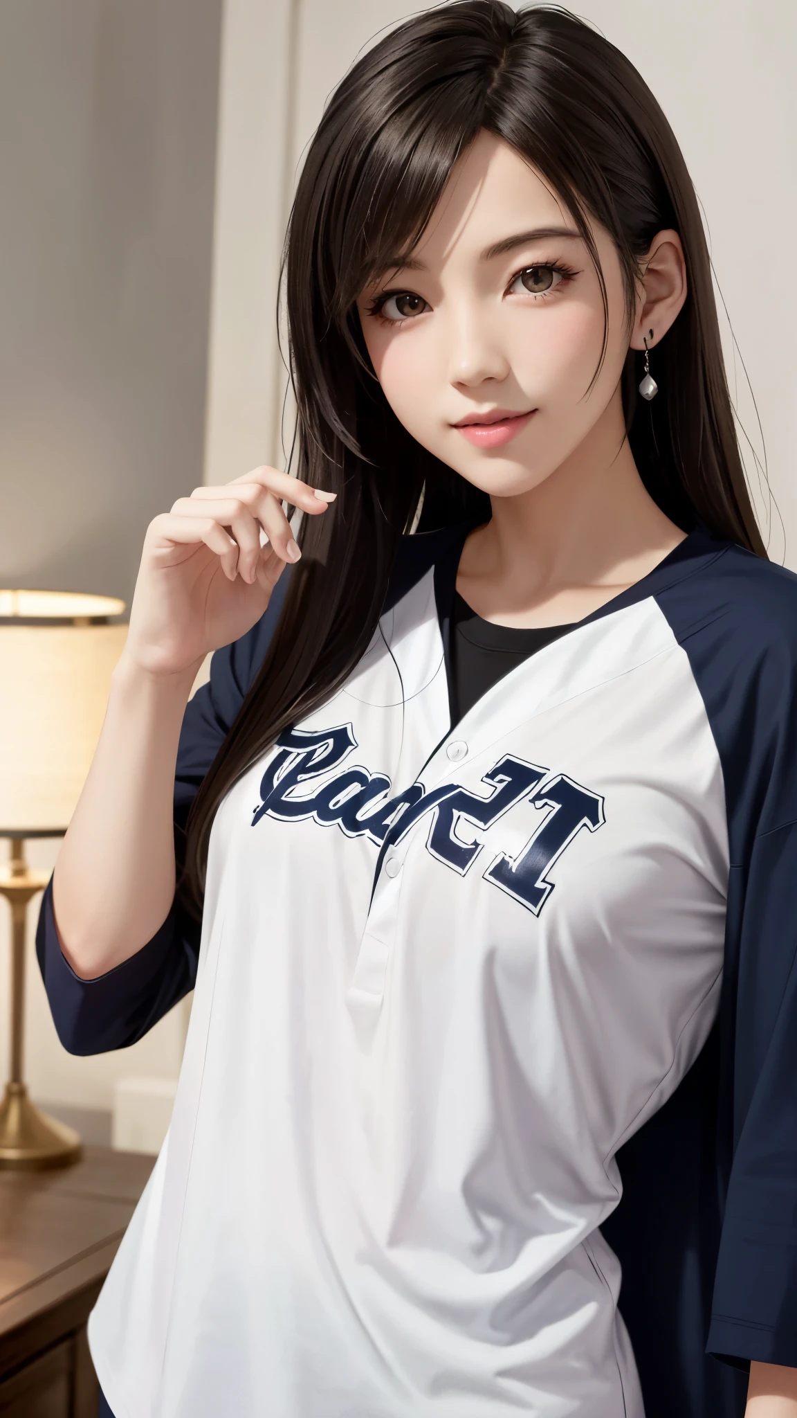 {{top quality, masterpiece}}, (Realistic: 1.3), BREAK {{{FF7,Tifa_lockhart, solo}}},(wearing a baseball shirt:1.3,loose oversized baseball shirt:1.3) ,  (her bedroom, indoor),(gravure pose:1.1),Ultra-detailed face, Detailed eyes, Red eyes, BREAK (((FF7,Tifa_lockhart))),(black brown hair, Large breasts: 1.0), BREAK (no bra),(no panties),About 18 years old,kawaii,shy:1.1,erotic smiling, evil grin, aroused