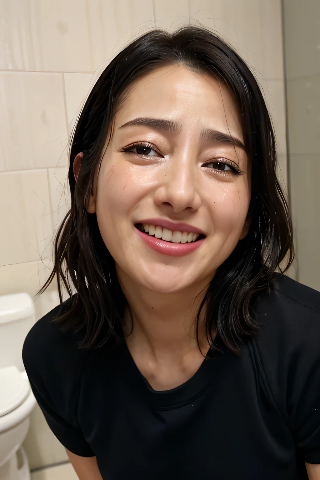 du, Highest quality, (Highly detailed CG Unity 8k wallpaper), (Highest quality),Edge Orgasm、face focus、Woman with open mouth and closed eyes、Edgy Woman_face、30 years old、Black Hair、Very small toilet、((Sweat) ),((Sweat and glowing skin))((Sweat makes your collarbone shine,A face that shines with sweat)),（(Sweaty skin))((Sweaty skin)),