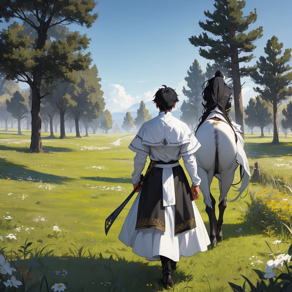 back view black hair boy with white medieval outfit walking in the grassfield