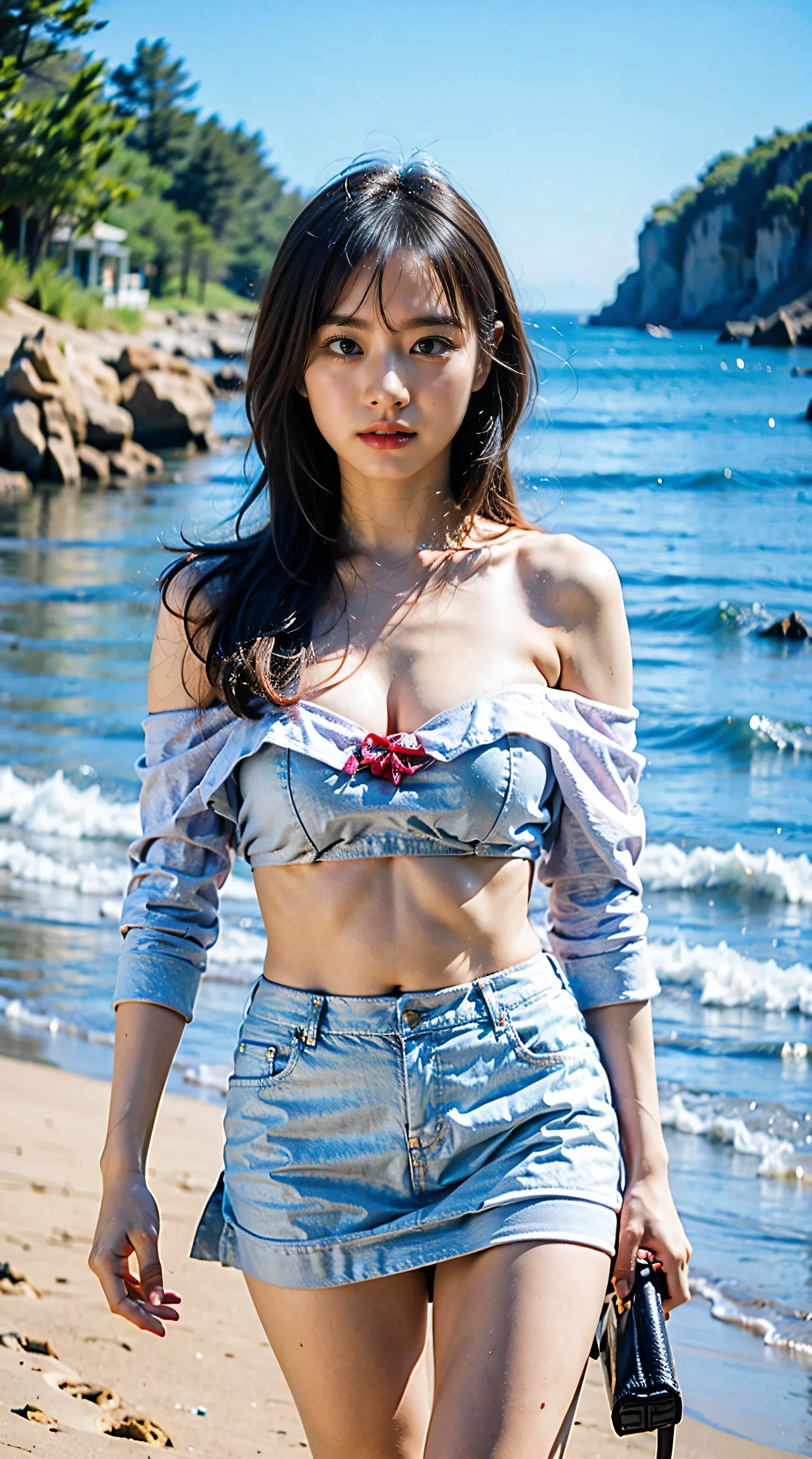 (8K、RAW Photos、Highest quality、masterpiece:1.2)、(Realistic、Photorealistic)、1 Girl、((Beach、Big Breasts、Off the shoulder、mini skirt、Sandals、Look forward、Are standing))、