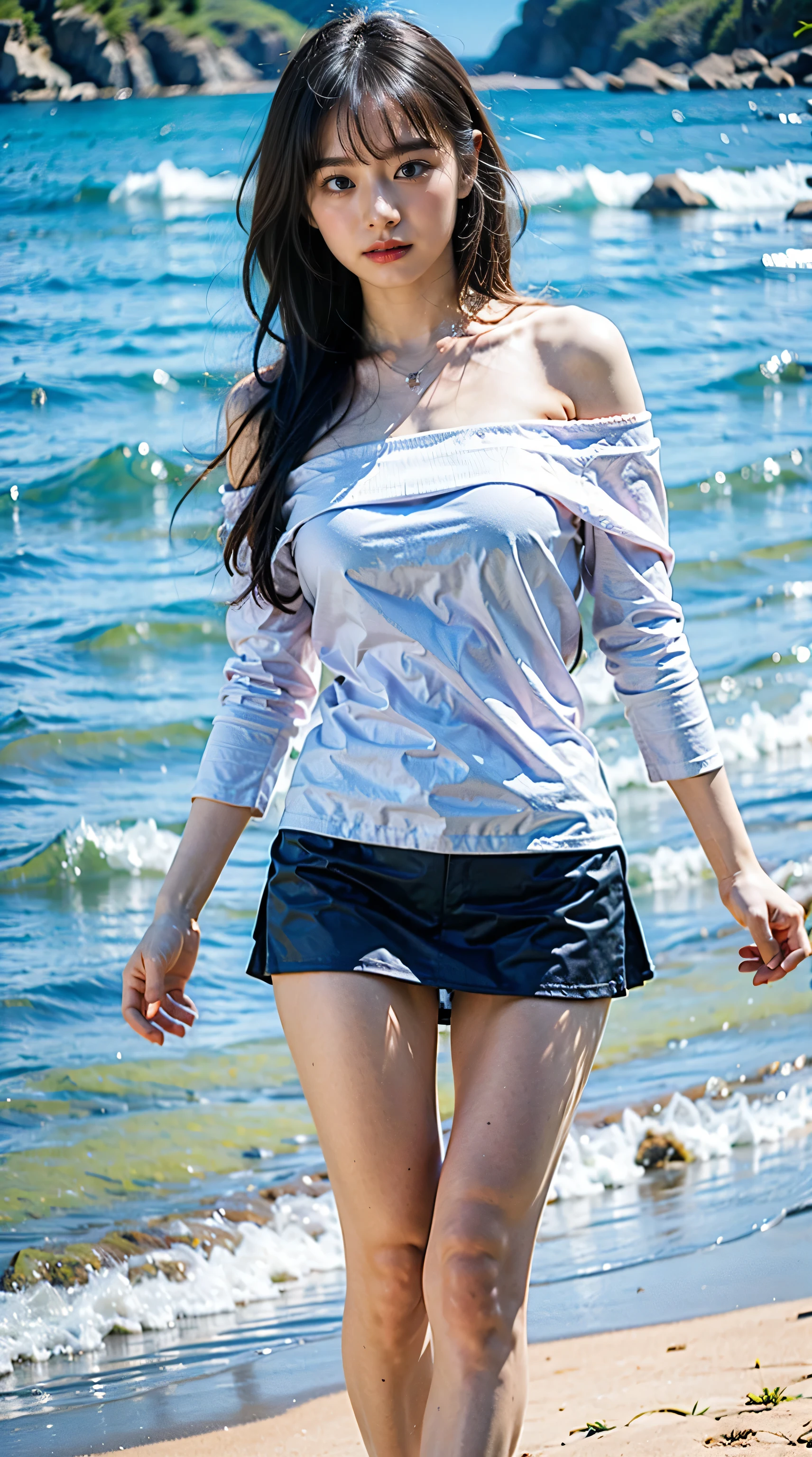 (8K、RAW Photos、Highest quality、masterpiece:1.2)、(Realistic、Photorealistic)、1 Girl、((Beach、Big Breasts、Off the shoulder、mini skirt、Sandals、Look forward、Are standing))、