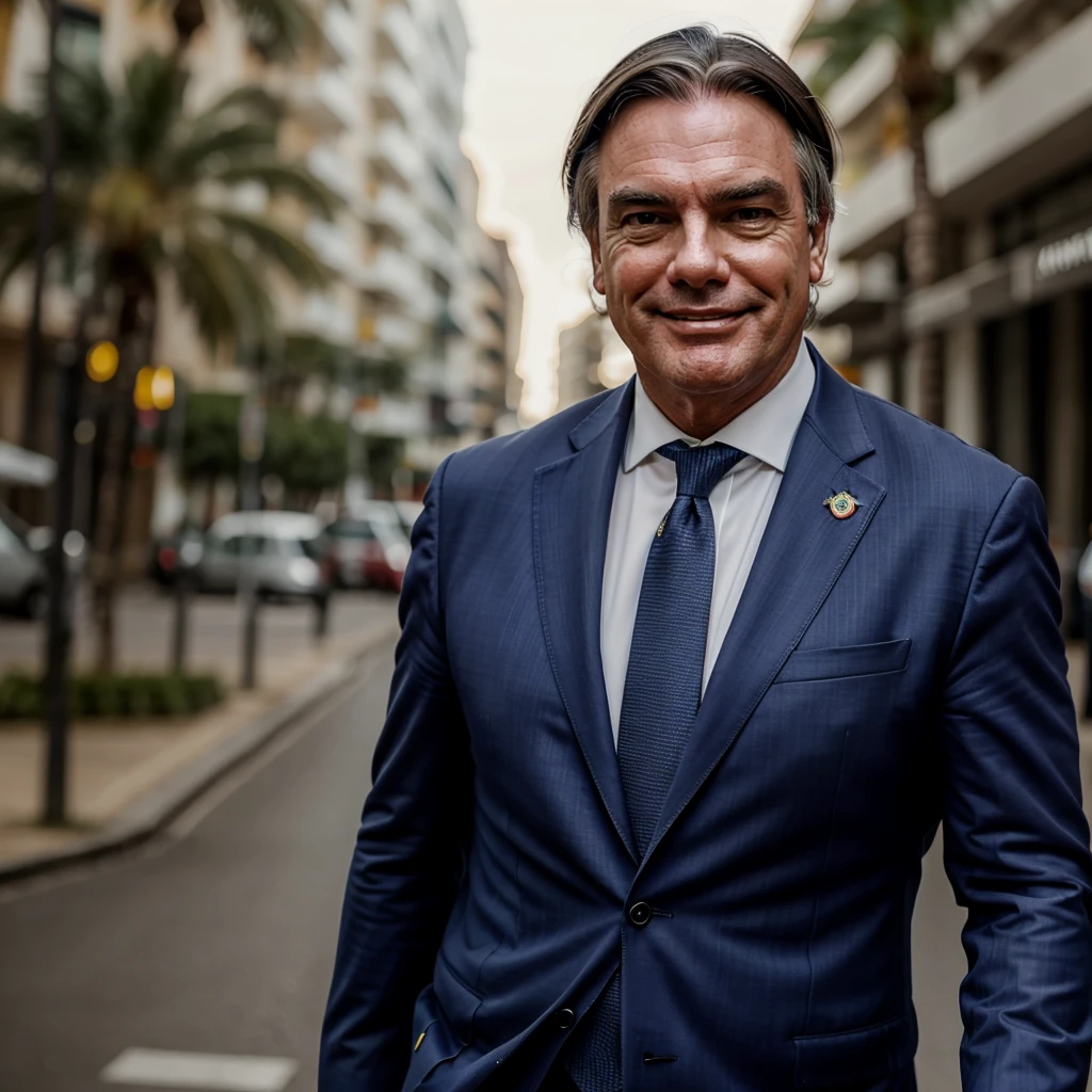Bolsonaro smiling at the camera in a suit and tie 