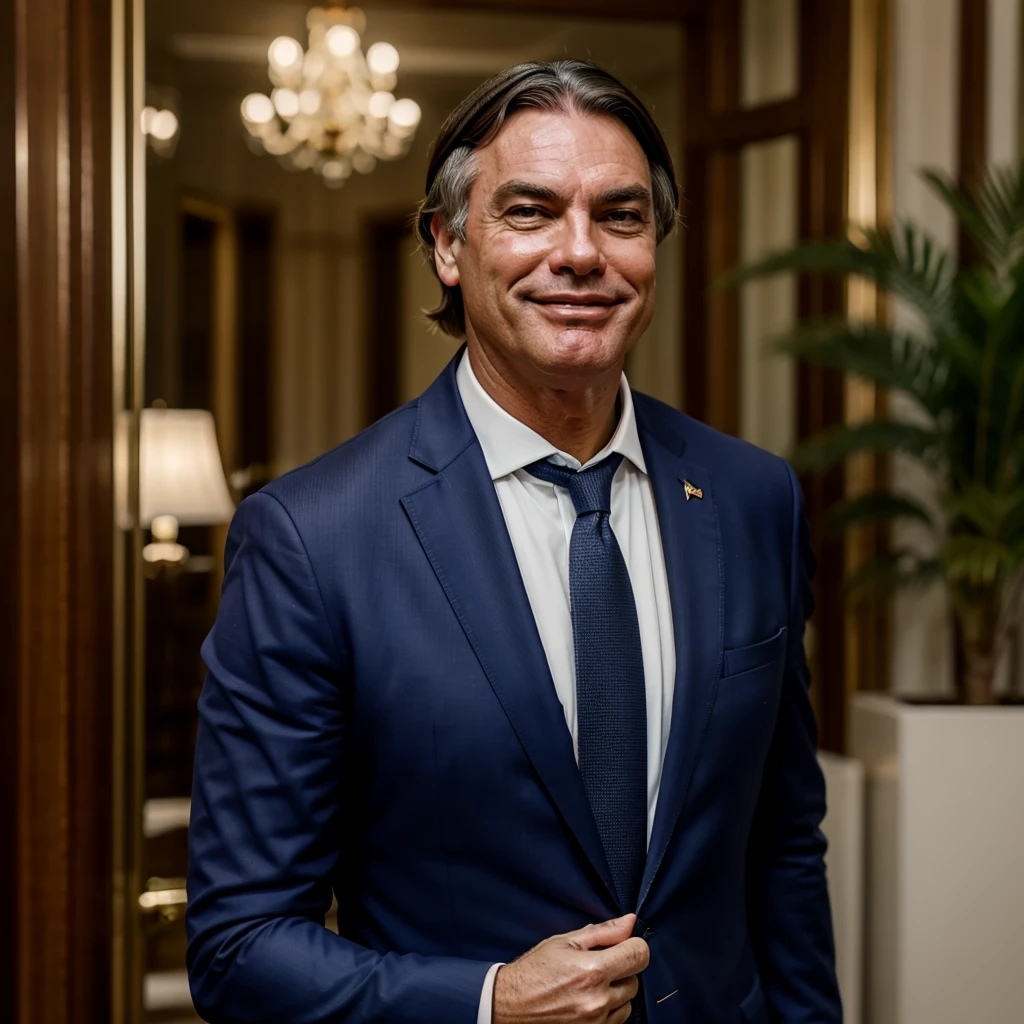 Bolsonaro smiling at the camera in a suit and tie