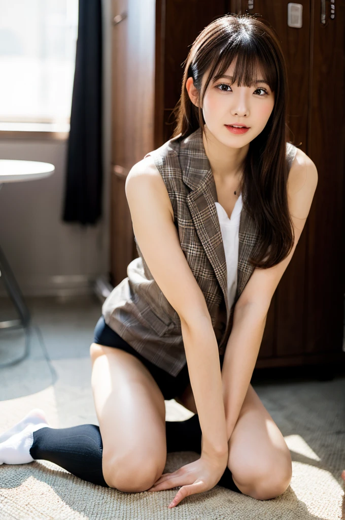 LAHO Beauty。Very sexy、Office lady with strong sexual desires。23 year old office lady、Spread-legged pose。I love sex、Sexy pose with mouth half open。スーツのbeauty、career woman、Japanese、
beauty。The button on her chest is about to come off、ulzzang-6500-1.1（RAW Photos：1.2）。
(Photorealistic)、(Genuine:1.4)、(Peace Fly)。A calm-looking woman wearing a checked vest。
Large Bust Body Type。Miniskirt with exposed thighs。The legs are plump。(Ultra-realistic white Nike socks、The NIKE logo is visible:Bold pose showing white panties、White panties have stains:1.2)。Japanese Goddess、Wearing black high heels、Sexy gaze in white socks。((Full Body Shot:1.16))。Highlighted with knee-length socks featuring the Nike logo。Black Nike logo on socks。Wearing black high heels、常に白Black Nike logo on socksが1つ見えます。
Two pairs of perfect stinky feet、Beautiful hands and feet、Changing in the locker room、Ultra-realistic skin texture、Shiny skin。
Trying to make me sniff her stinky socks