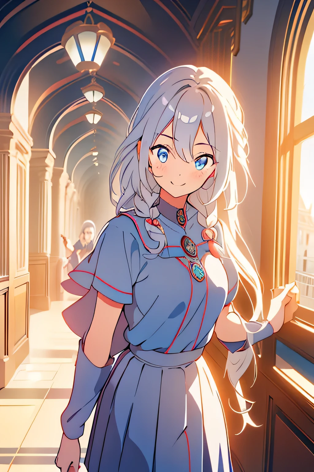 ((Highest quality)), ((masterpiece)), (be familiar with),((Perfect Face)),((Grey Medieval European School Uniform)),((Nothing on my arm)),((Her long hair is braided on one side.)),((Silver Hair)),((17-year-old girl)),((A slightly happy face)),((Blue Eyes)),((Inside a European castle)),((Corridors in the castle)),((Walking)),((face is turned to the right)),((Looking at this)),Accurate picture,wallpaper,Daytime,1 Girl,
