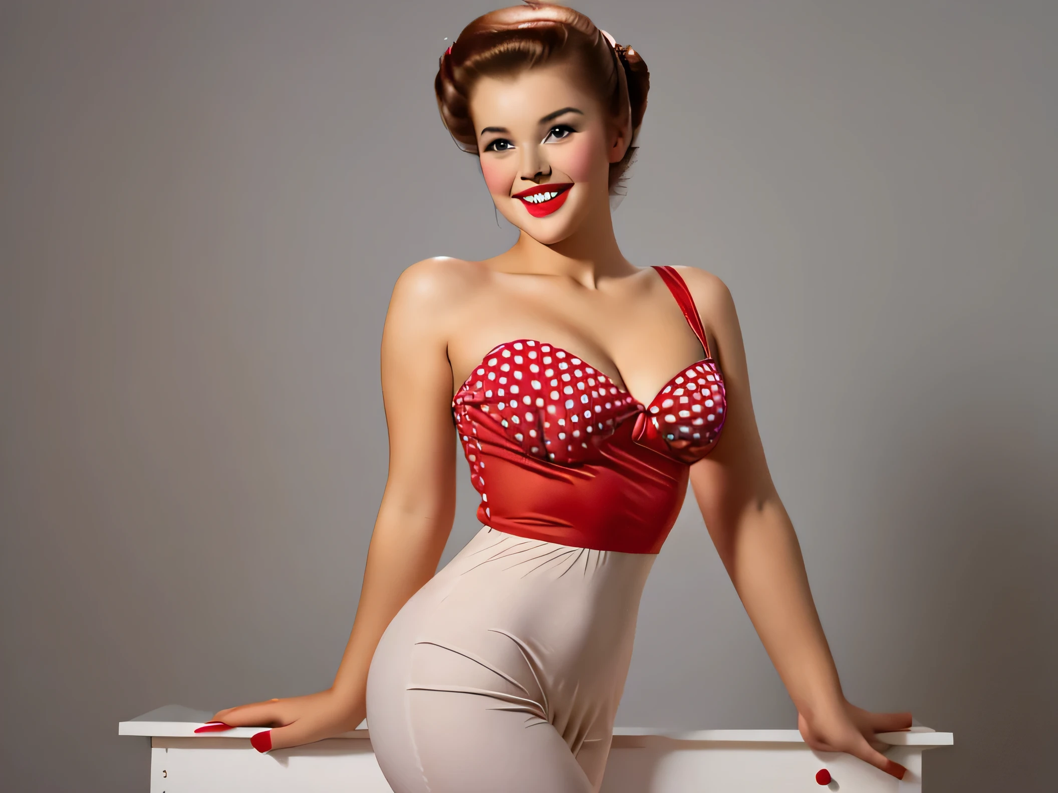 A girl stands half-turned in a red dress with large white polka dots, laughs smiles, looks at the camera, pinup victory rolls hairstyle, studio photography, Gray background, arms spread to the sides, elbows bent, retouch