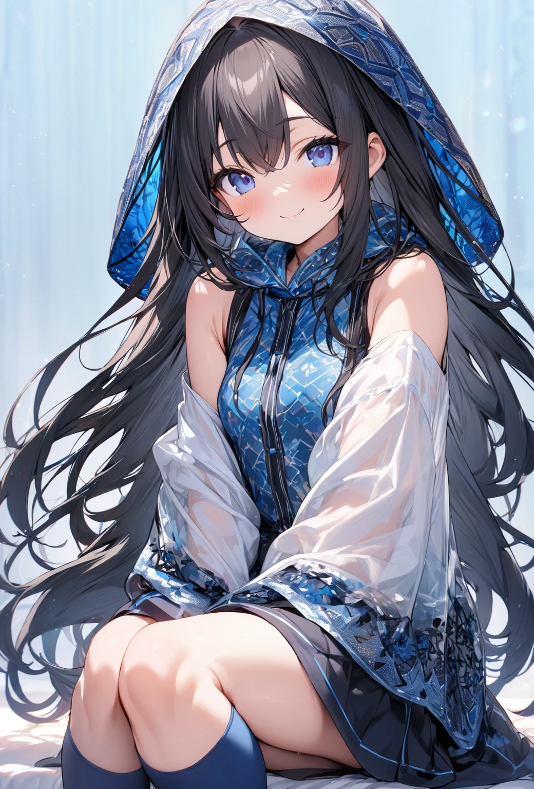 ((Highest quality)), ((masterpiece)), ((Very detailed)), (Very mature),A cute, gentle-looking female high school student with black hair and a height of about 165cm.，A female high school student with a cute smile and small breasts wearing a transparent blue waifus with a cute patterned hood and bare shoulders, alone, Cute attitude,(background(bright)，Long Hair - Straight，Knee-high socks、A transparent blue veil with a cute pattern and white hood with off-the-shoulder sleeves，White wall、Sitting、Facing the viewer、縁に模様がある壁が1面のbackground
