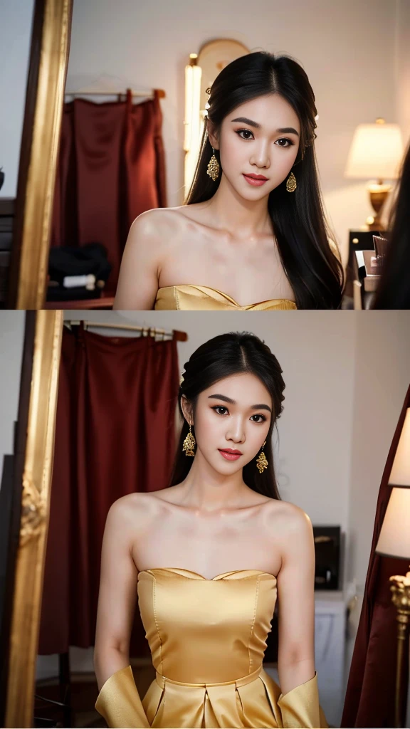 masterpiece, highest quality, HDR, high contrast, ((beautiful girl, Thai Female Soldier)), bun hair, highly detailed lips, detailed eyes, double eyelid, Make-up face. ((flchut thai dresses, strapless shirts)), just showing his face. pretty face. captivating. make-up face. long eyelashes, just showing his face. pretty face. captivating. make-up face. long eyelashes, just showing his face. pretty face. captivating. make-up face. long eyelashes, ((in front of the make-up mirror))