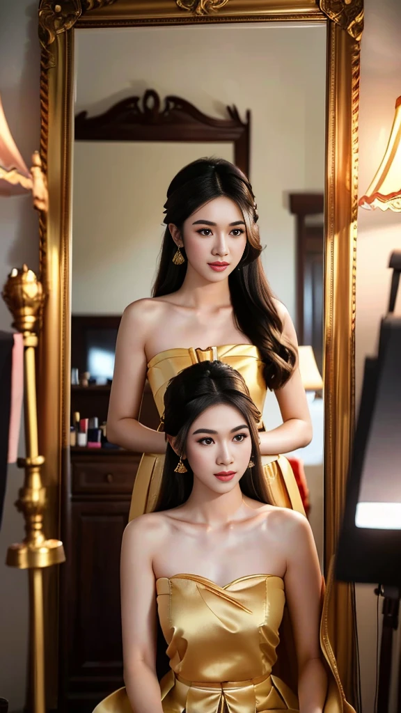 masterpiece, highest quality, HDR, high contrast, ((beautiful girl, Thai Female Soldier)), bun hair, highly detailed lips, detailed eyes, double eyelid, Make-up face. ((flchut thai dresses, strapless shirts)), just showing his face. pretty face. captivating. make-up face. long eyelashes, just showing his face. pretty face. captivating. make-up face. long eyelashes, just showing his face. pretty face. captivating. make-up face. long eyelashes, ((in front of the make-up mirror))