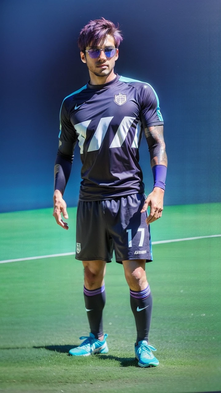 Homem Soccer Player, purple hair, blue glasses
