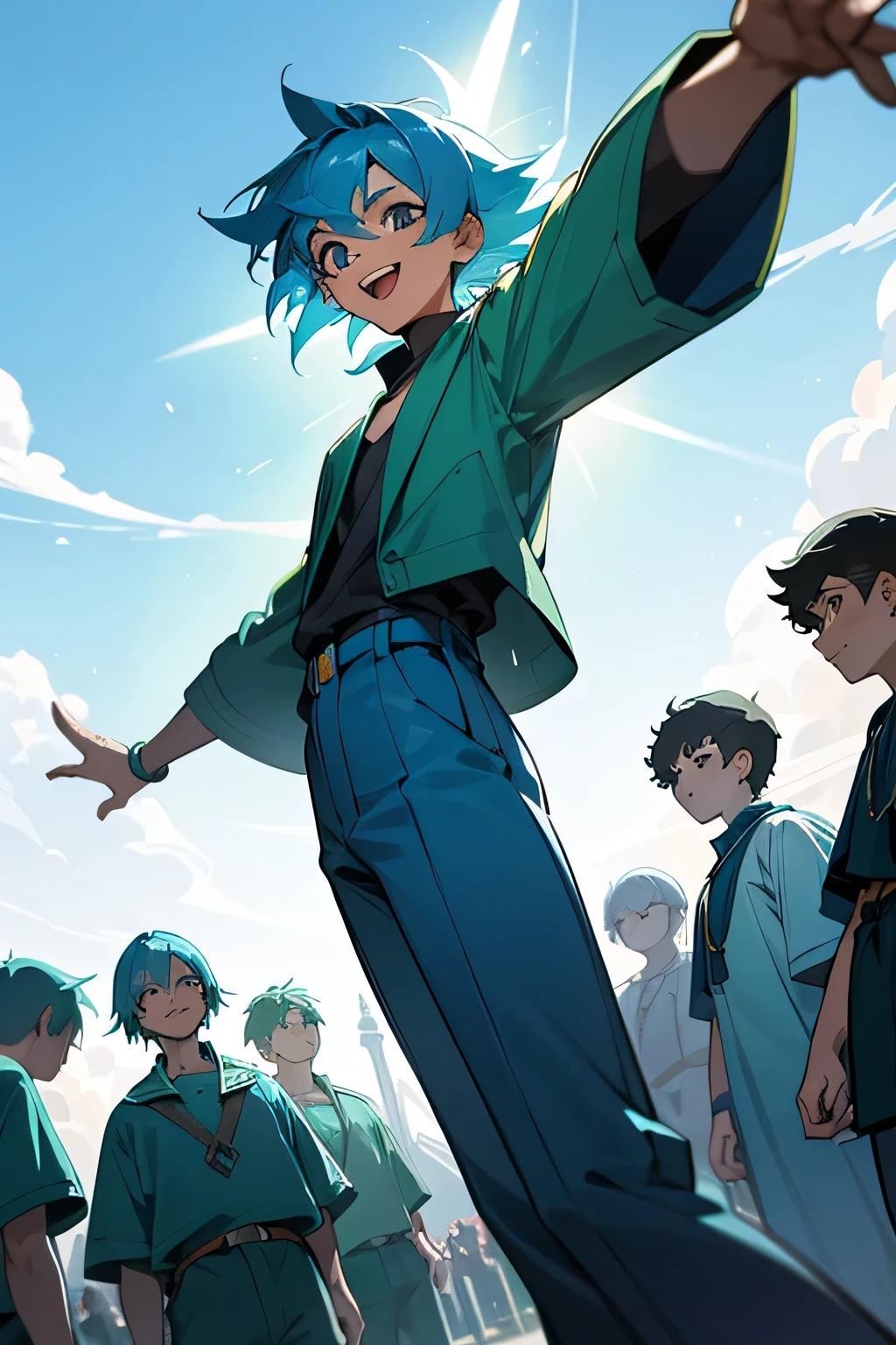 14-year-old boy with vibrant blue hair, surrounded by a group of young individuals, all wearing casual green attire. They stand at the edge of the park, pointing upwards towards the sky in awe, their faces lit up with wide, genuine smiles. The boy with blue hair, slightly taller than the others, also offers a beaming smile, his hair glowing under the sun.