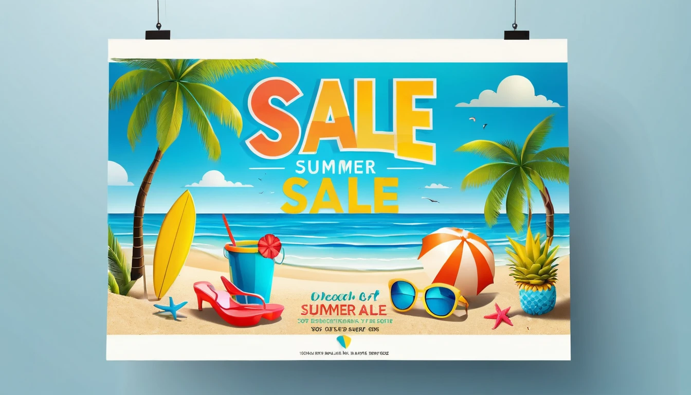 Design a vibrant banner template for a summer sale event, incorporating beach-themed graphics and bold typography.