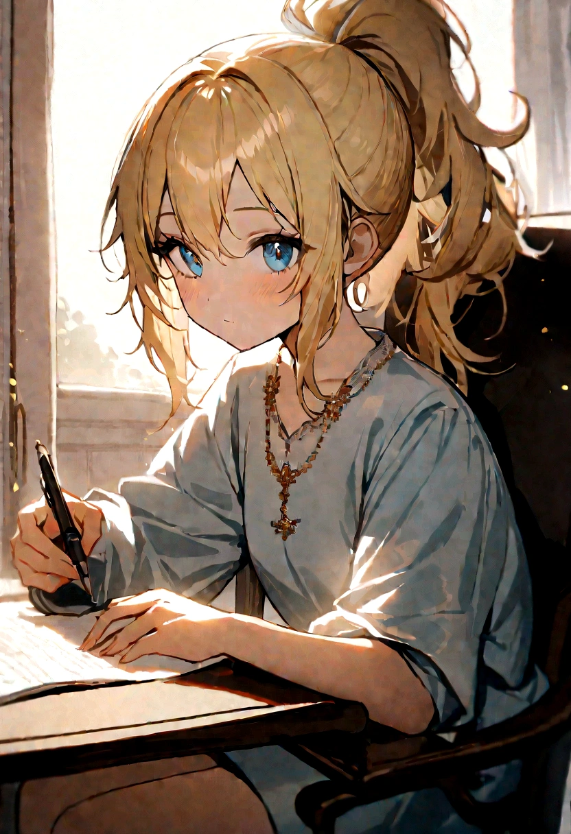 1 Girl, Very messy hair, |blonde, Very beautiful long shiny hair, ponytail,Very beautiful cute face, Glowing Beautiful Skin, alone, super high quality, Hard Focus, Film Grain, Ultra-high resolution, masterpiece, Crystal clear light blue eyes with lovely sparkling details,Sitting in a chair, Spreading notes, Holding a pen,