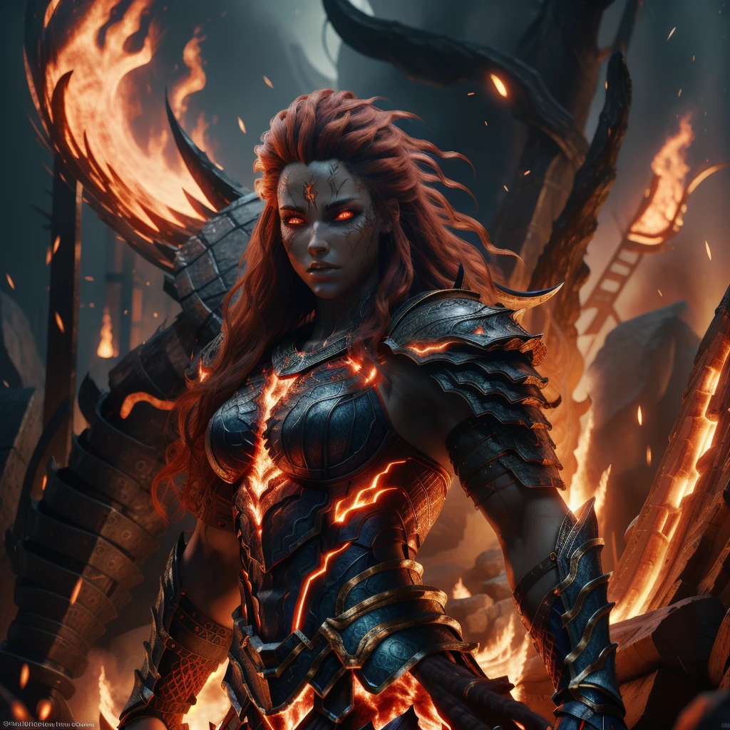 RAW photo, (high detailed skin, detailed eyes:1.1), intricate details, best quality, 8k uhd, soft lighting, fire giant, 1girl, armor, red hair, breastplate, colored skin, flaming eye, full armor, glowing eyes, molten rock, orange hair  