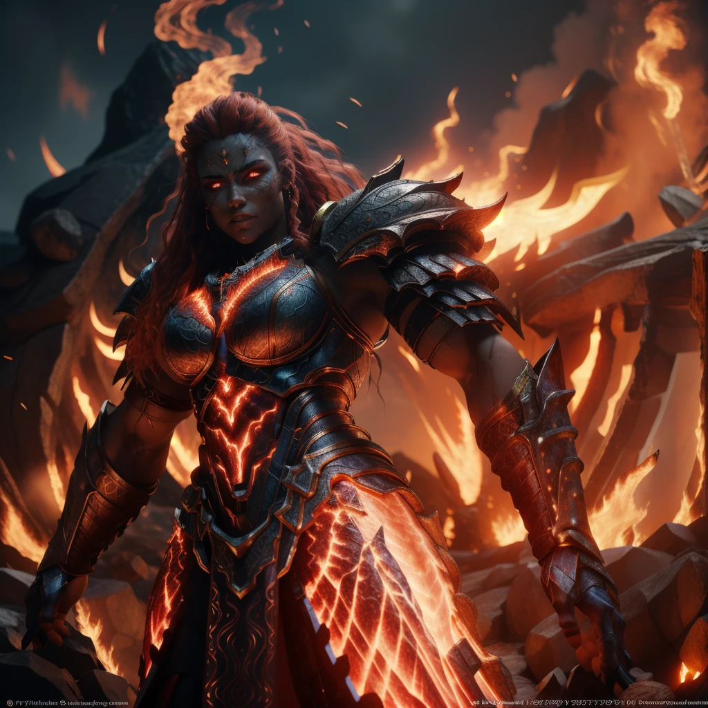 RAW photo, (high detailed skin, detailed eyes:1.1), intricate details, best quality, 8k uhd, soft lighting, fire giant, 1girl, armor, red hair, breastplate, colored skin, flaming eye, full armor, glowing eyes, molten rock, orange hair  