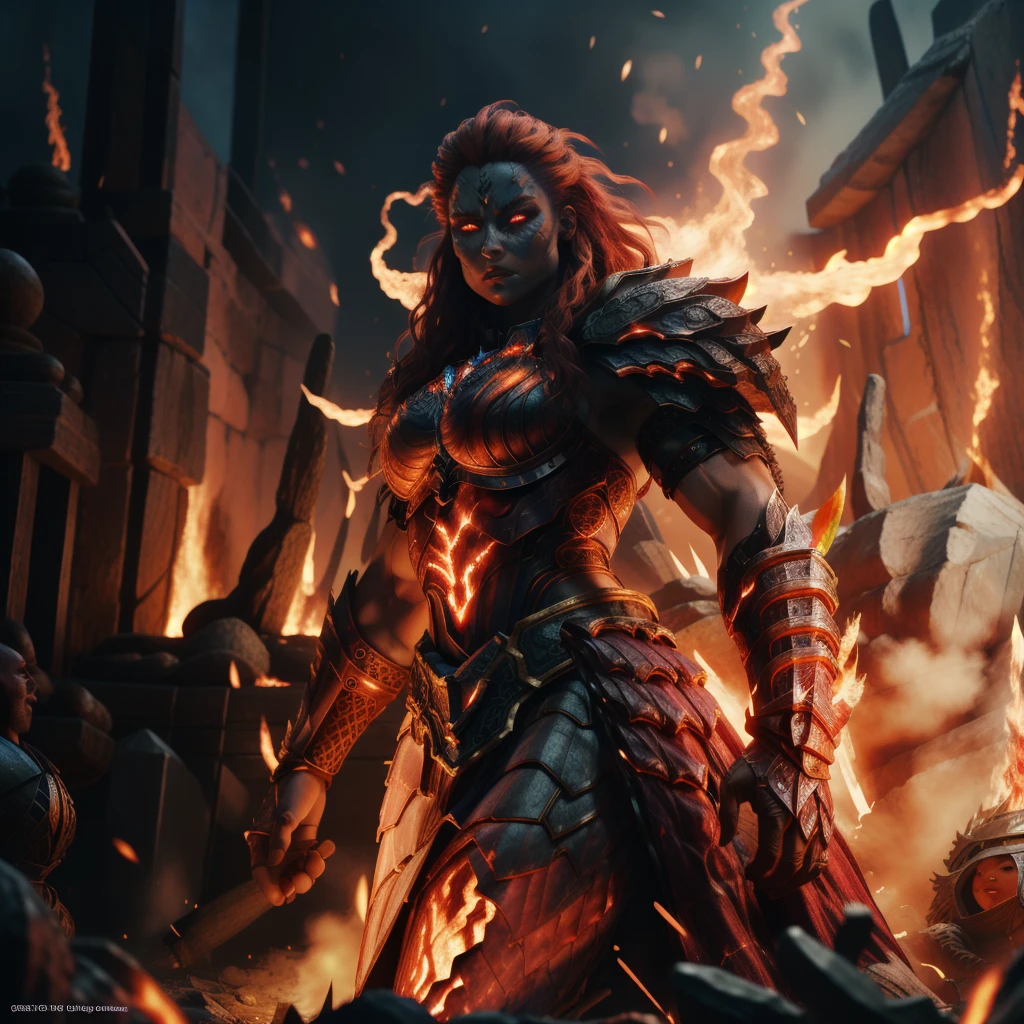 RAW photo, (high detailed skin, detailed eyes:1.1), intricate details, best quality, 8k uhd, soft lighting, fire giant, 1girl, armor, red hair, breastplate, colored skin, flaming eye, full armor, glowing eyes, molten rock, orange hair  