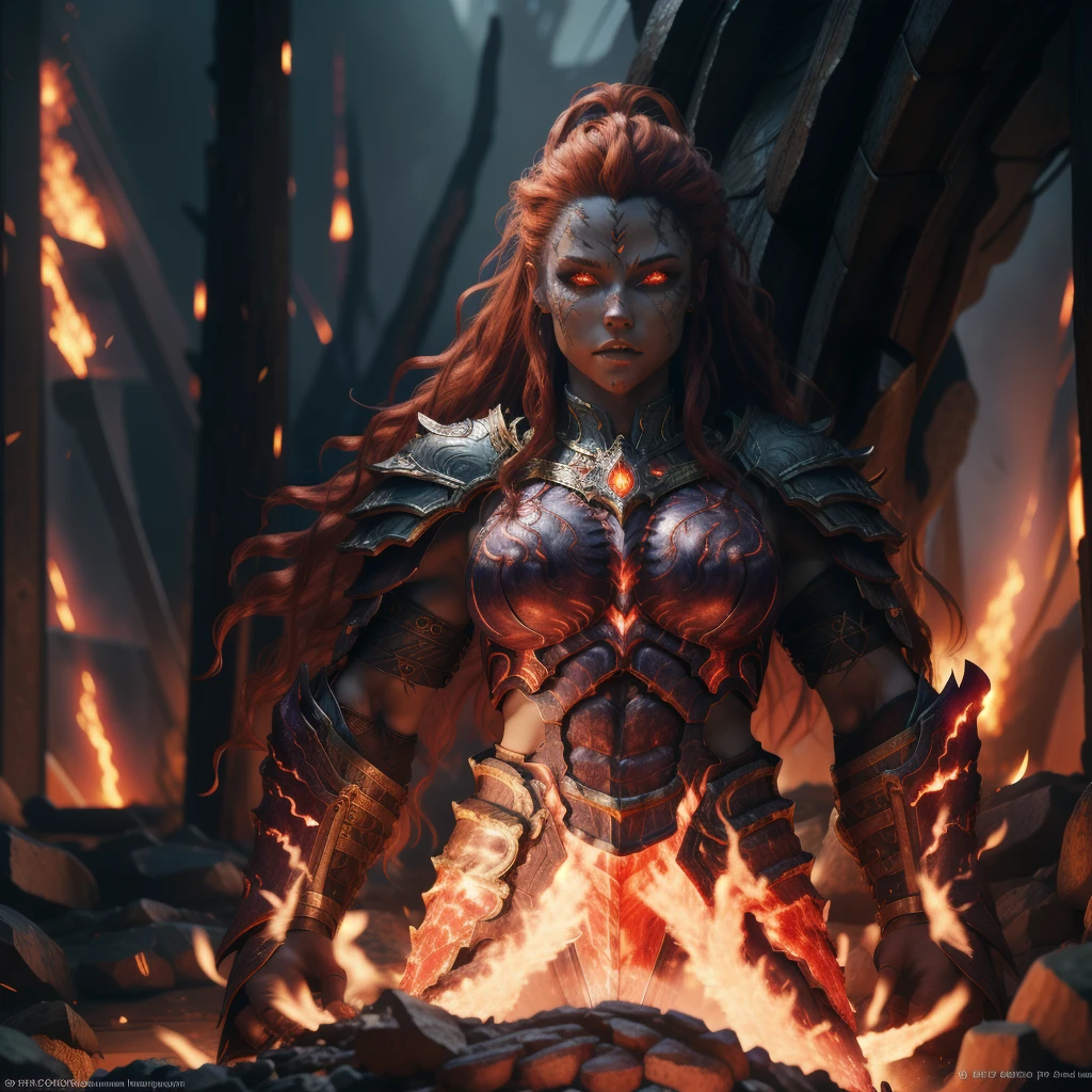 RAW photo, (high detailed skin, detailed eyes:1.1), intricate details, best quality, 8k uhd, soft lighting, fire giant, 1girl, armor, red hair, breastplate, colored skin, flaming eye, full armor, glowing eyes, molten rock, orange hair  