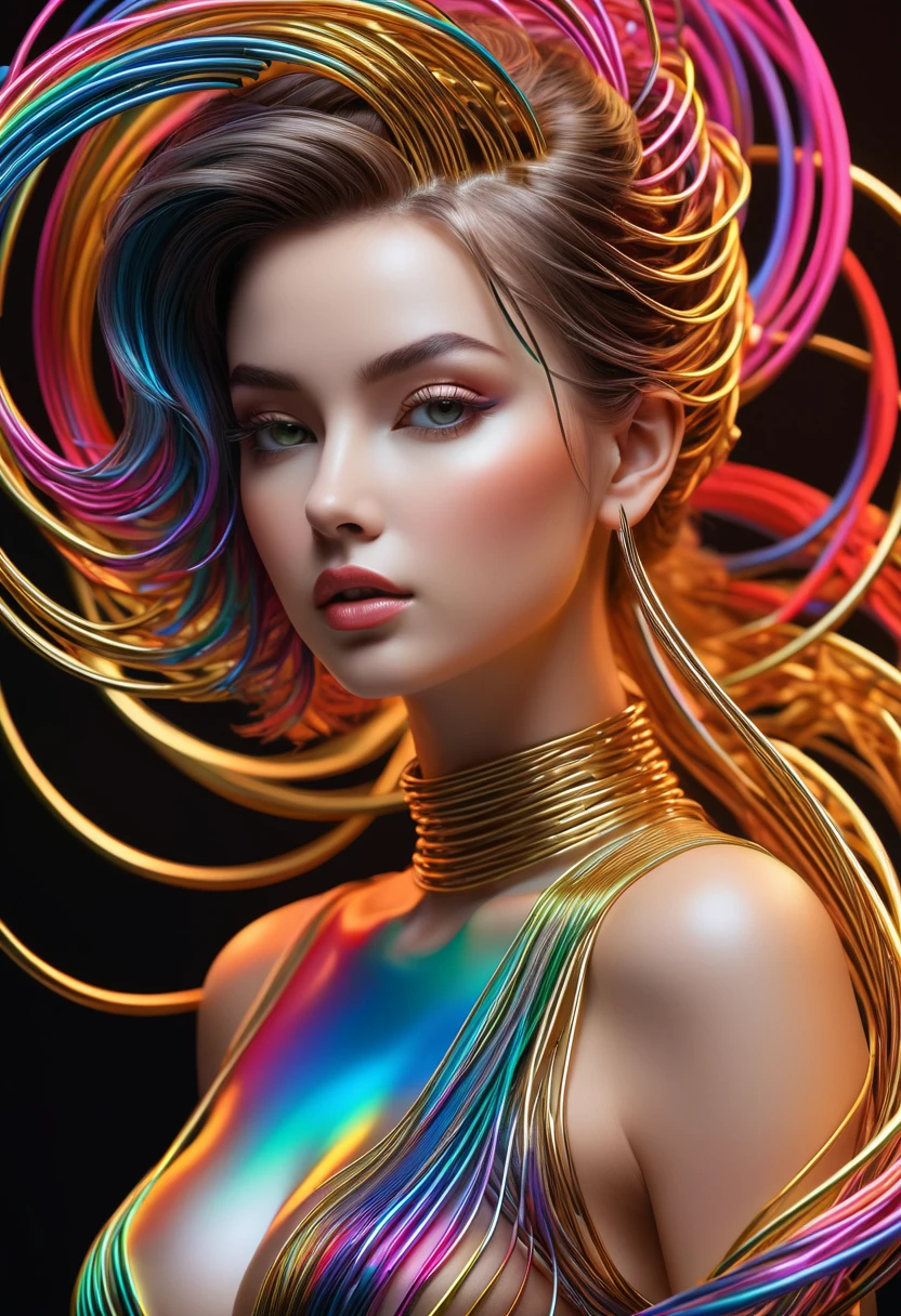 (line art:1.5)，colored lines，a beautiful girl,model shoot style,abstract paintings, (Extremely detailed CG unified 8k wallpapers), A chaotic storm of lines emerges from a complex rainbow of smoke overhead., Stylized abstract portrait of a beautiful girl,Heavy metal style，postmodern industrial style，ultra-realistic realism，Image of a beautiful woman sculpture made of fine metal wire, golden curve structure, Woman sculpture made of wire., Spiral dripping gold, Composition of metal curve., winding streets, abstract female sculpture, Small jacuzzis, abstract sculpture, spin, turned, complex metal wires, spirals, long exposure photos, elegant line, complex light