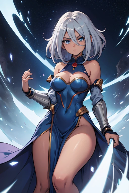 18-year-old girl, Messy hair (like Android 21), Broken hair, Silver hair with light blue tones, Light blue eyes, Brown skin, Dark skin, Silver dress with light blue, Long sleeves, Paladin-type clothing, Bare shoulders, expression: shy, full body image.