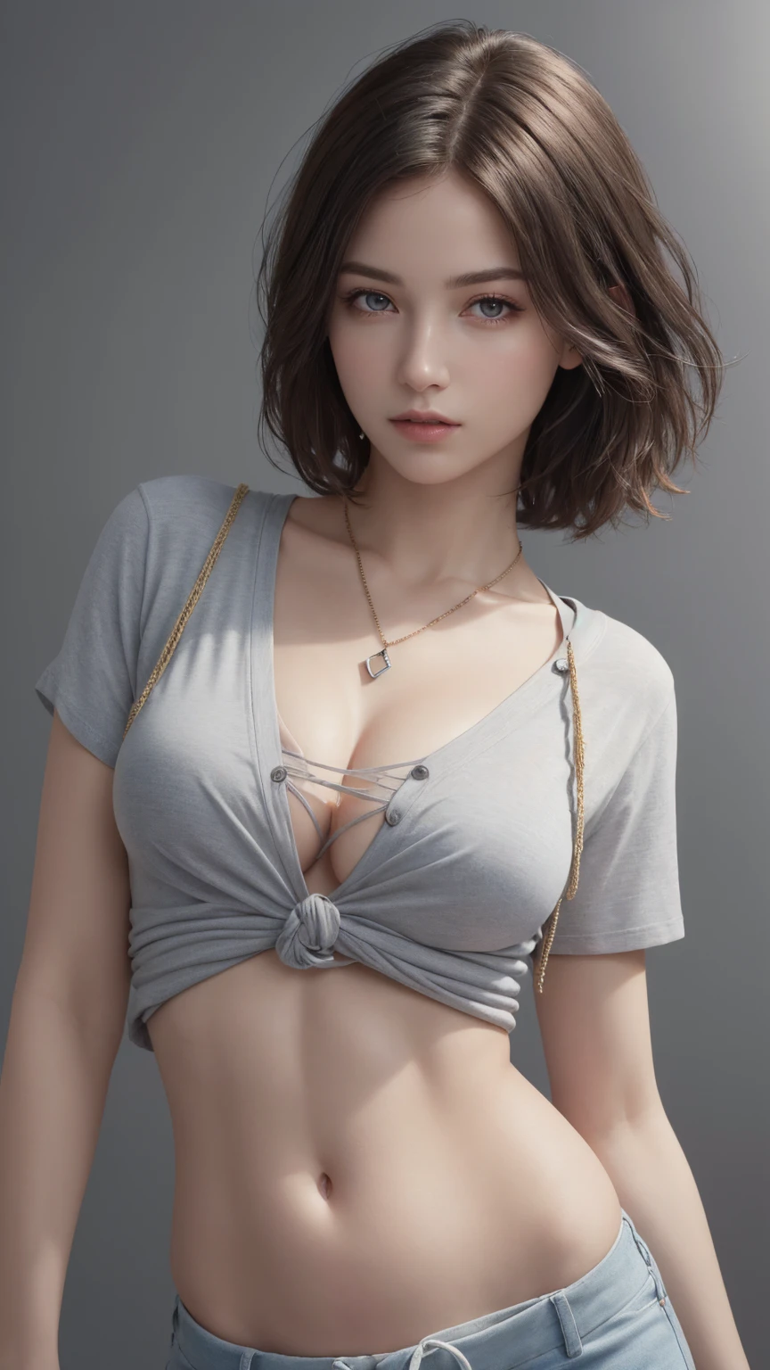 (masterpiece, Highest quality, photoRealistic, High resolution, photograph, :1.3),, Sharp focus, (1 brunette girl, European Girls, Hot Model), Realistic skin, (Slim figure, Perfect body, Beautiful belly button, Narrow waist, Cleavage), Short Hairstyles, Highly detailed hair, Delicate and sexy face, sexual sight, Glossy Lips, ((Wearing a drawstring front T-shirt, Wearing a pendant)), ((Bright light, Dynamic Lighting, Realistic, super Realistic, realism, Realistic detail))、Gray background、Bold Pose