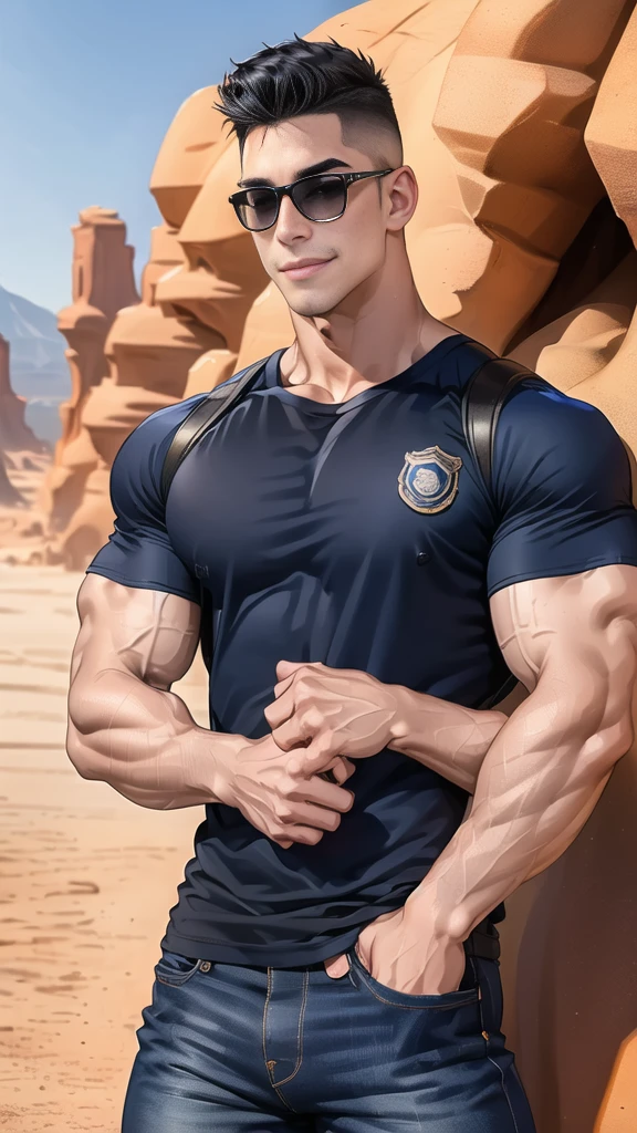 1 man,(Skinheads hairstyles) ,black eye,(Wear a fitted round neck t-shirt in navy with a police badge.:1.3),(fit neck),Navy blue jeans,(black_gloves), Korean guy,chest muscles,large arm muscles,blood vessel,Big muscles,Broad shoulders,(Carrying a black backpack:1.3),(sunglasses:1.1), smile, middle of the road,(In the desert:1.2),(full_shot:1.6),(In the cave:1.2),