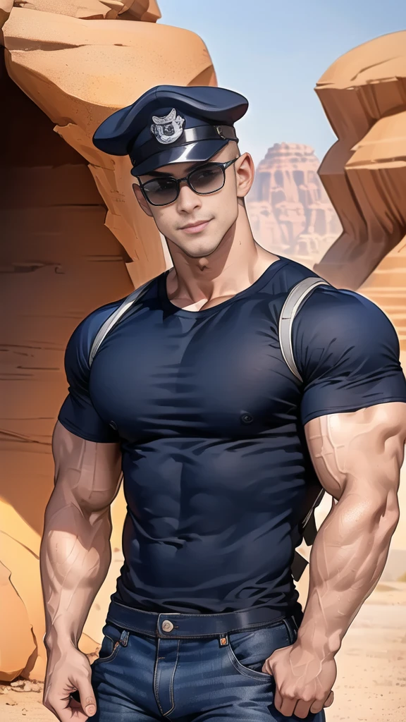 1 man,(Skinheads hairstyles) ,black eye,(Wear a fitted round neck t-shirt in navy with a police badge.:1.3),(fit neck),Navy blue jeans,(black_gloves), Korean guy,chest muscles,large arm muscles,blood vessel,Big muscles,Broad shoulders,(Carrying a black backpack:1.3),(sunglasses:1.1), smile, middle of the road,(In the desert:1.2),(full_shot:1.6),(In the cave:1.2),