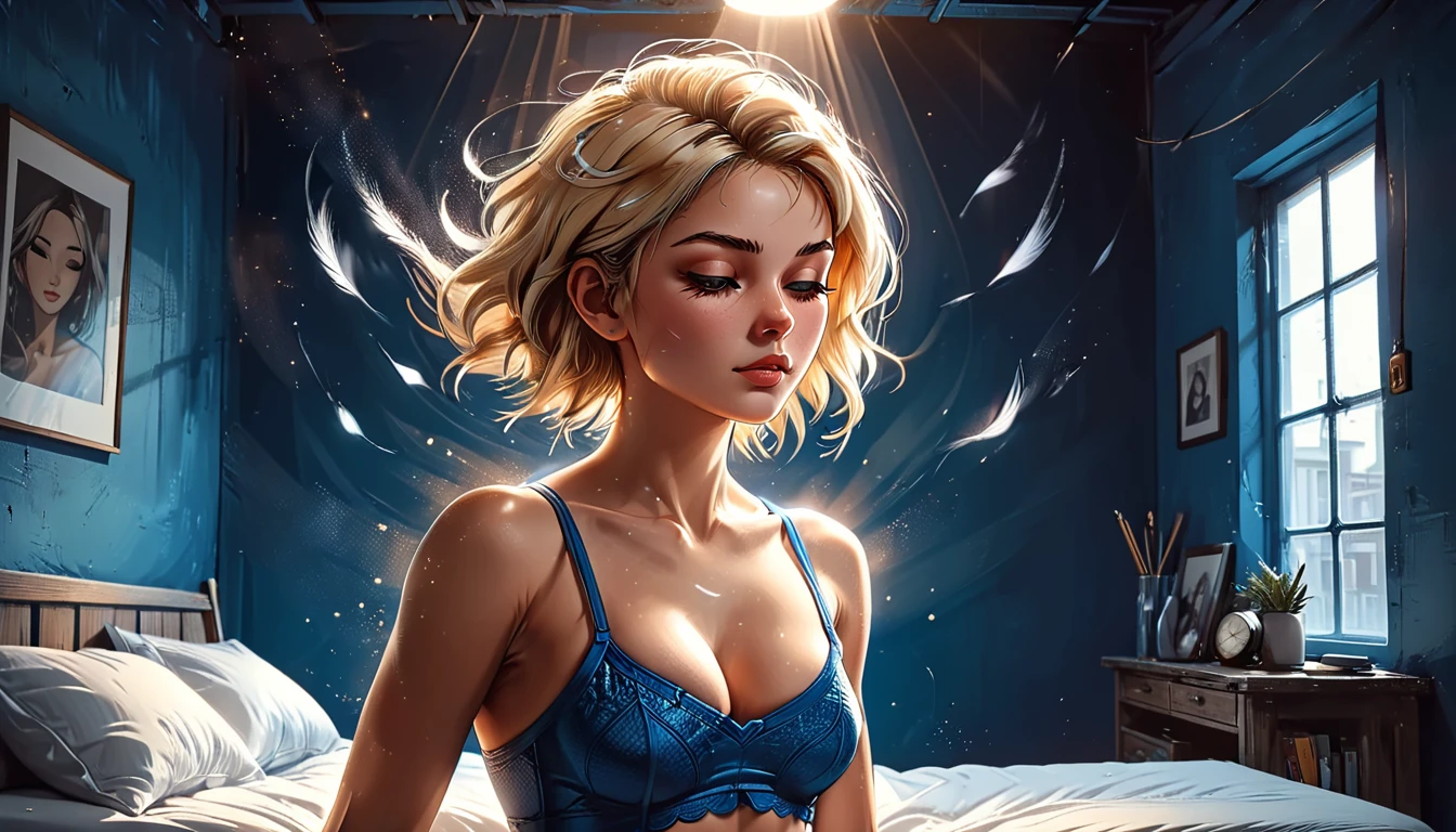 
a girl is lying, a girl is flying, a girl is lying over the bed,
bedroom, night, dark, pallet over the bed, floating in the air, light from within, a girl hovers over the bed in a horizontal position, rays of light come from inside the girl’s body and illuminate the room, dream catcher, blue walls,
girl in blue Half top wrestler and blue Elastic shorts, adult, [Nordic], Hourglass elongated fitness body, perfect Olive skin, Oval Face, Long neck, Rounded shoulders, perfect hand,  Attached Pointed ears, round forehead, (Short blonde Waves pixie hair), snub nose, Arched eyebrows, closed Eyes, High Round Narrow cheekbones, Dimpled Cheeks, Rounded Chin, Rounded Jawline, Fine Puppet Wrinkles, Full nude Lips, (closed eyes), Nude Makeup Look, long eyelashes, Profile Angle, bare broad shoulders, Sagittal Plane Curves, blades shoulders, spinal line, well trained back, fitness round ass, back dimples,    
 graphic style of novel comics, 
2d, 8k, iMax, hyperrealism, masterpiece, high resolution, best quality, ultra-detailed, super realistic, Hyperrealistic art, high-quality, ultra high res, highest detailed, lot of details, Extremely high-resolution details, incredibly lifelike, colourful, 