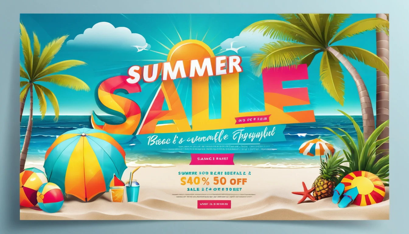 Design a vibrant banner template for a summer sale event, incorporating beach-themed graphics and bold typography.