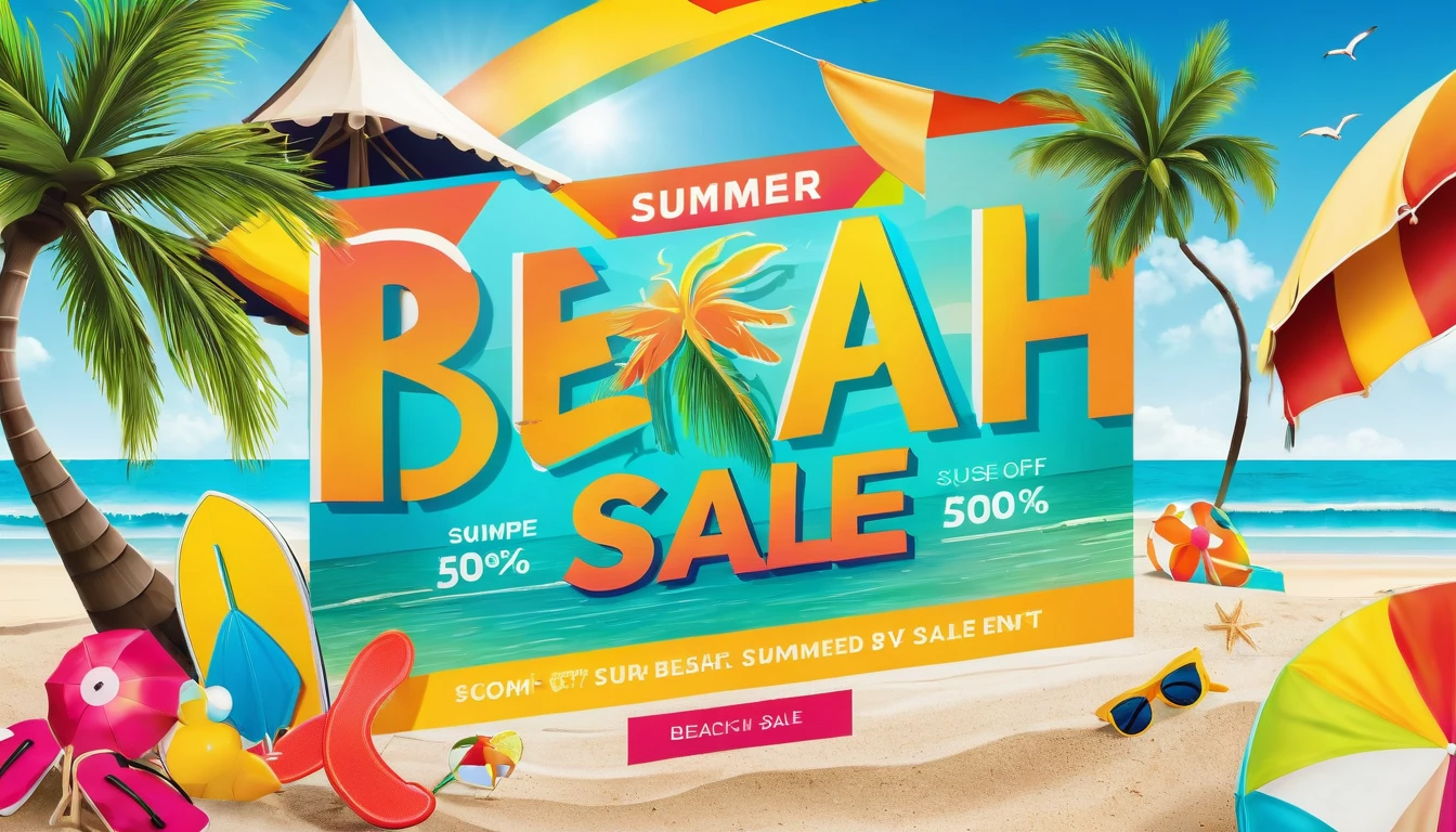 Design a vibrant banner template for a summer sale event, incorporating beach-themed graphics and bold typography.