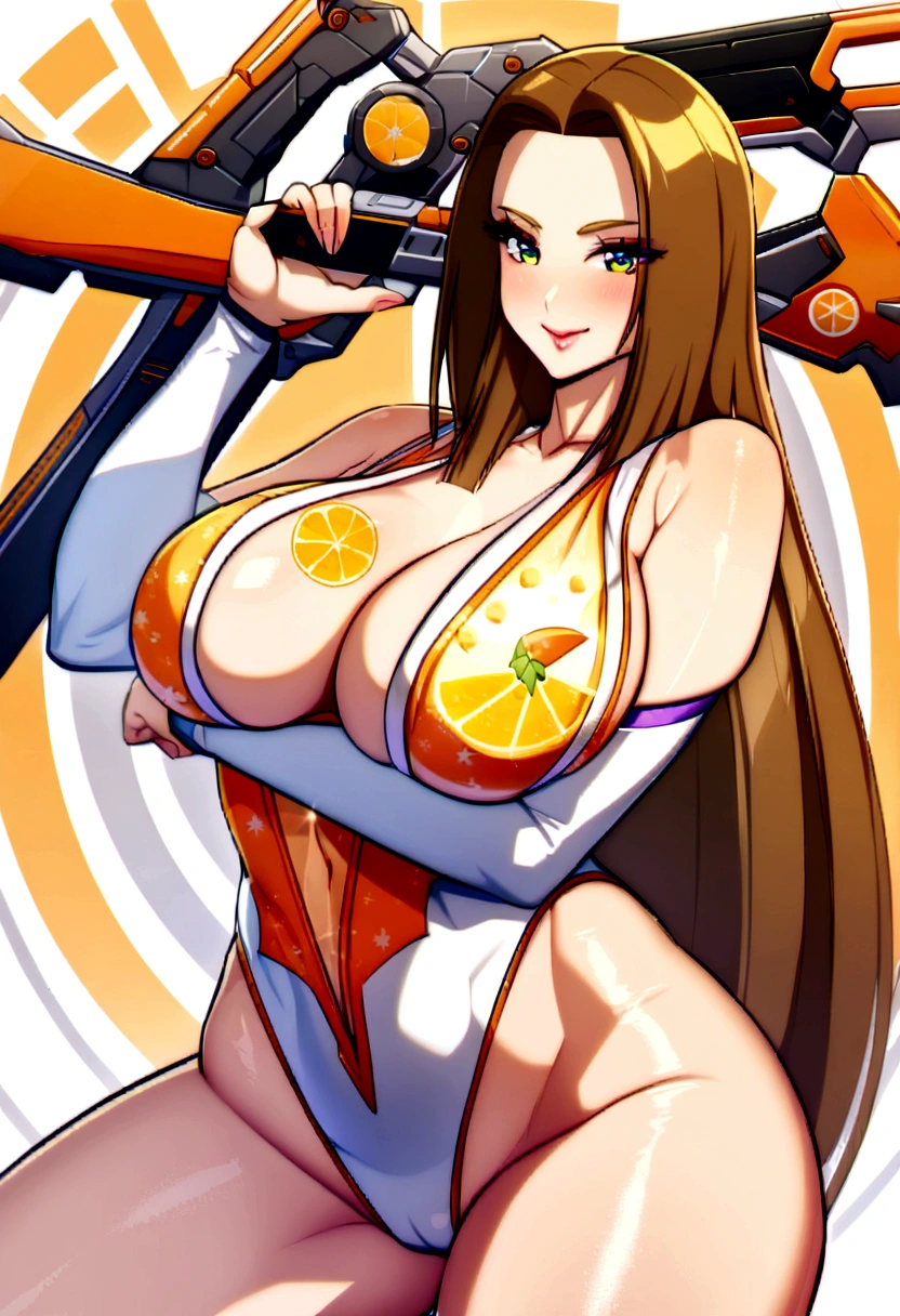 (Mimi Rogers, age 30, very large natural bust) in a sexy sunshine themed leotard, she is flirting and striking action poses while holding sci fi weapons, Japanese Orange Juice Commercial