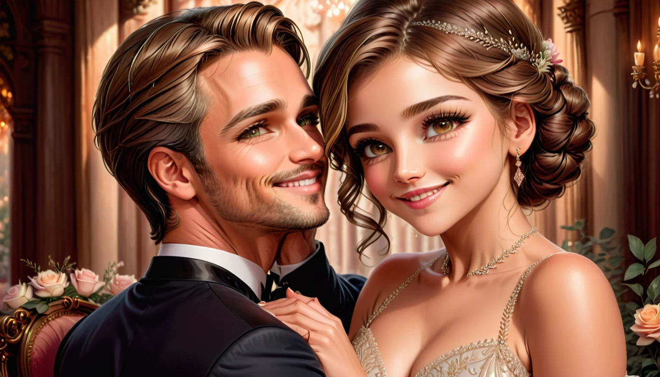 A beautiful young woman, beautiful detailed eyes, beautiful detailed lips, extremely detailed eyes and face, longeyelashes, delicate hands, kissing a man's hand, smiling sweetly, elegant dress, romantic, photorealistic, 8k, high quality, masterpiece, cinematic lighting, warm color palette, detailed background