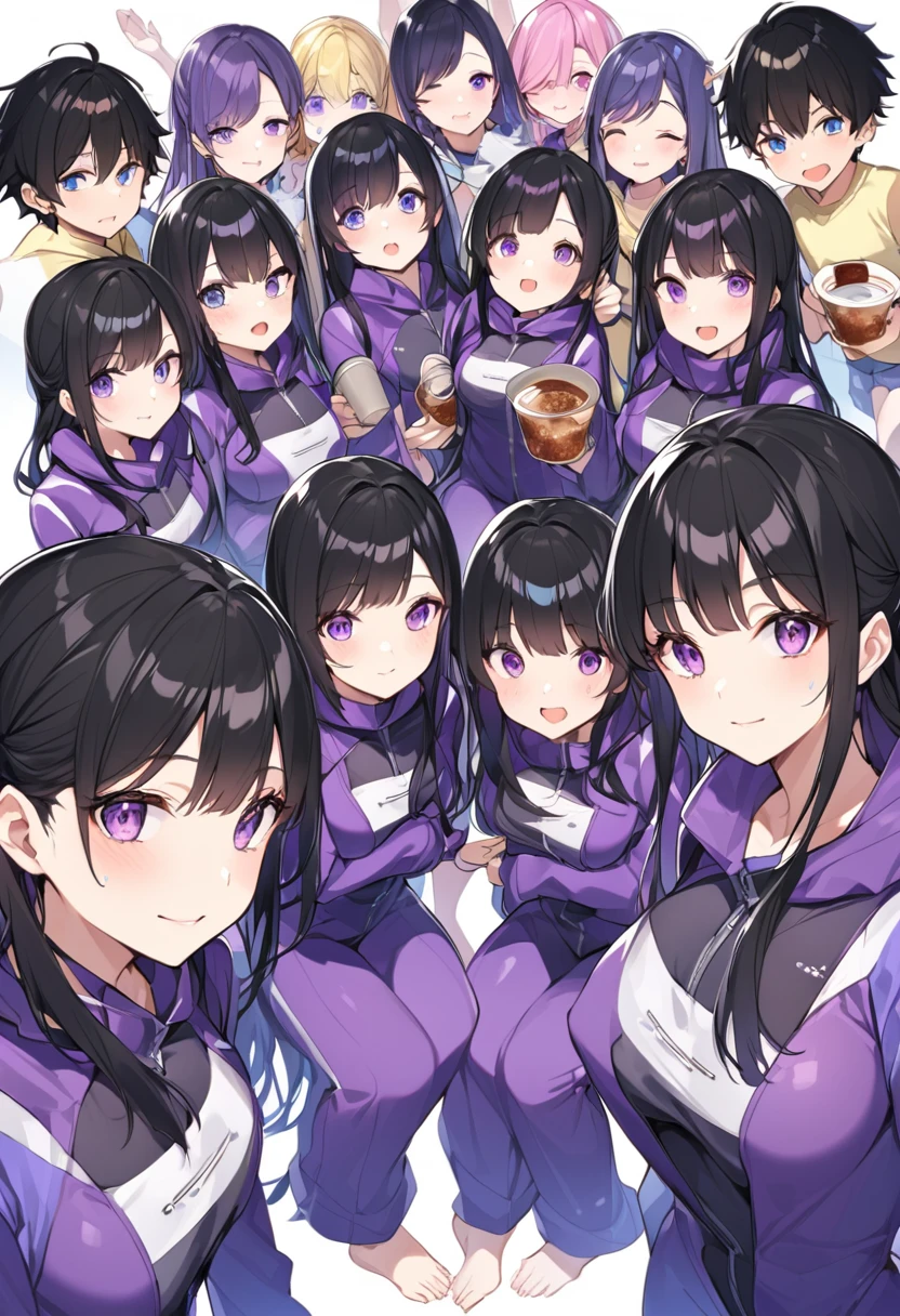 Wearing a purple diving suit、barefoot。hair is black、Purple eyes。Breasts are K cup。The skin is white and、Long hair。Has one brother and one sister。My sister has an E cup。All of them have black hair。6 siblings。It's like diving into the ocean and looking at the coral reefs and fish.。Like we're lined up on the beach with the beach housey brother is wearing a black diving suit.。I have one older brother.。