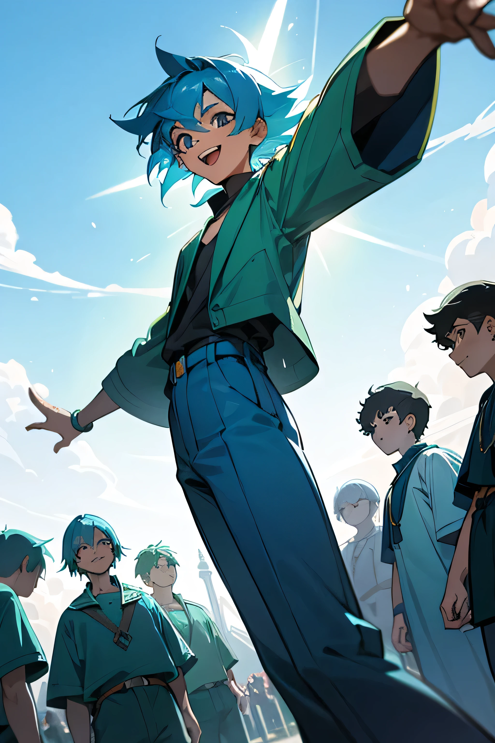 14-year-old boy with vibrant blue hair, surrounded by a group of young individuals, all wearing casual green attire. They stand at the edge of the park, pointing upwards towards the sky in awe, their faces lit up with wide, genuine smiles. The boy with blue hair, slightly taller than the others, also offers a beaming smile, his hair glowing under the sun.