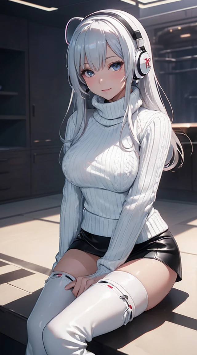 smile、((8K)), ((32k)), ((Highest quality)), ((masterpiece)), ((超A high resolution)), ((Tmasterpiece)), ((Halation:1.4))、((White mechanical headgear:1.3))、((White mecha cyber headphones:1.3))、Fine skin, High quality fabric, ((Beautiful and dense face))、RAW Photos、Professional, Ultra-fine painting, ((alone)), Beautiful breasts、Highest quality, Very detailed, Very detailed詳細, Finer details, so beautiful, Full body description、on a futuristic street、White thigh-high boots、(Woman wearing a black leather miniskirt:1.8)、(Wearing a white knitted turtleneck sweater:1.8)、 take a walk、Beautiful legs、(Machine Eyes:1.3)、drooping eyes: 1.3,, (In 8K) , masterpiece, (No retouching, Lip gloss, False eyelashes, Real Skin, Highest quality, 超A high resolution, Depth of written boundary, chromatic aberration, Caustics, Wide Lighting, Natural Shading))、Korean Idol、Asian woman smiling at camera,、Young and cute gravure idol, Young and skinny gravure idol, Realistic Young Gravure Idol, Young Gravure Idol, Japanese Model, Shot with Canon EOA 6D Mark II, Shot with Canon EOS 5D Mark IV, Young Gravure Idol、(White thigh-high boots:1.5)、(Long silver hair:1.1), cowboy_shot, Side Focus, Shiny、Concept Art, Anime fantasy artwork, (((Long silver hair))),  8K high quality, detailed art, In 8Kのキャラクターアートの3Dレンダリング, neat legs, Defined, Defined fingers,