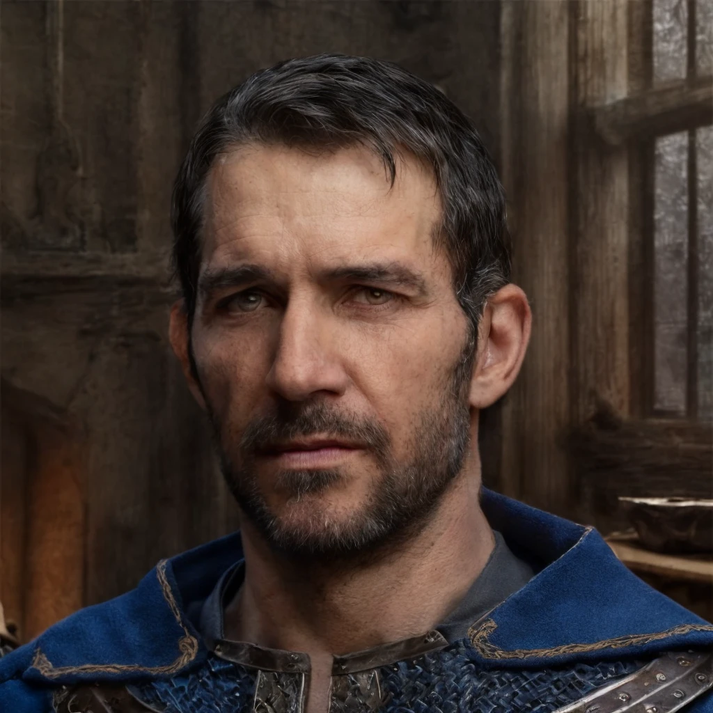 (masterpiece)+, (extremely (realistic)+,a portrait of an ugly adult male small town bailiff, wearing blue coat and chainmail shirt, Focused stare. Looking in camera. volumetrics dtx, Photorealistic, ultra detailed, Artstation trending, very very detailed, realistic shaded lighting, dynamic shadows, detailed Blurred fantasy bright vast wheat fields and villagers houses background, upper body, professional photograph of a detailed skin, sharp focus, dramatic, award winning, cinematic lighting, octane render, unreal engine, volumetrics dtx, Photorealistic, ultra detailed, Artstation trending, very very detailed, hyperrealistic, fine details, realistic shaded lighting, dynamic shadows, Blurred fantasy bright vast wheat fields and villagers houses background, add_detail:1, skin pores and wrinkles, details.,More Reasonable Details