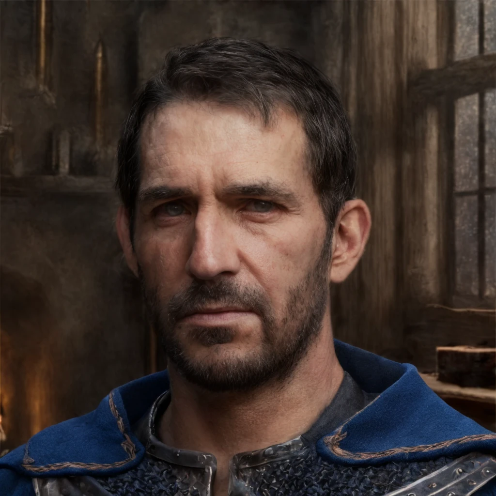 (masterpiece)+, (extremely (realistic)+,a portrait of an ugly adult male small town bailiff, wearing blue coat and chainmail shirt, Focused stare. Looking in camera. volumetrics dtx, Photorealistic, ultra detailed, Artstation trending, very very detailed, realistic shaded lighting, dynamic shadows, detailed Blurred fantasy bright vast wheat fields and villagers houses background, upper body, professional photograph of a detailed skin, sharp focus, dramatic, award winning, cinematic lighting, octane render, unreal engine, volumetrics dtx, Photorealistic, ultra detailed, Artstation trending, very very detailed, hyperrealistic, fine details, realistic shaded lighting, dynamic shadows, Blurred fantasy bright vast wheat fields and villagers houses background, add_detail:1, skin pores and wrinkles, details.,More Reasonable Details