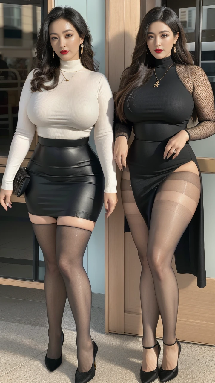 outdoor,Scenes,Light blue clothes (No cleavage),thigh, cosmetic, (lipstick: 1.1), (Eyeliner: 1.2), mascara, Eyeshadow,Outdoor sports, earrings, necklace, Black pantyhose, Wrinkles at the corners of the eyes, Oral wrinkles,High Neck Knit Bodycon Skirt,full-body shot,An Asian Japanese woman,65 years old,big eyes,elegant temperament elegant temperament,(masterpiece:1.2, best quality), Practical, (The true situation,45 years old, Intricate details, Depth of Field,High neck clothes), careful, The content is very detailed, This is a perfect face, Perfect body, Large Model, Mature woman, High, Leg length,Black silk garter,8K,best quality, masterpiece, Ultra-high resolution,(lifelike:1.4), original photo, Stay focused, detailed, Dramatic, Exquisite beautiful woman, (tall and straight:1.1),(Fat goddess desetallic high leg high collar dress mini skirt:1.0),(High collar fitted skirt),half butterfly earrings, double ring necklace, (:1.05), (65 years old, : 1.4), cosmetic, (lipstick: 1.1), (Eyeliner: 1.2), mascara, Eyeshadow, Long curly hair, Dynamic Angle, (red lips)Beautiful graphics, thigh long,Random Color Greasy Reflective Tights, Scenes,Fishnet socks,Red high heels