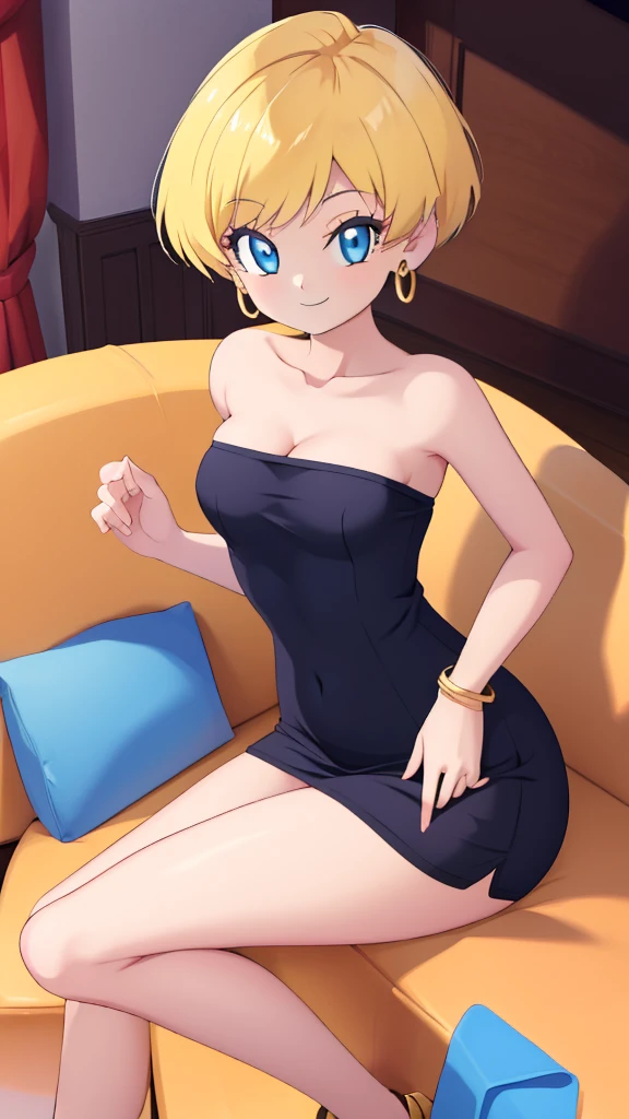 Best Quality, Masterpiece:1.4), (Absurdres:1.2), 1 girl, Solo, erasa, blonde hair, blue eyes, gold earrings, gold bracelets, cleavage, small breasts, black dress, strapless black tube dress, black high heels, sitting on a couch, indoor room, smile, looking at viewer, cowboy shot
