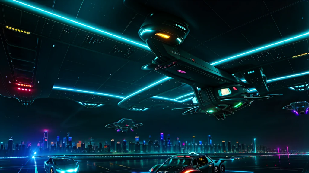 night time, futuristic night illustration, flying cars of all colors, (hovering_car:1.5),, cyberpunk skyline, hovering traffic jam