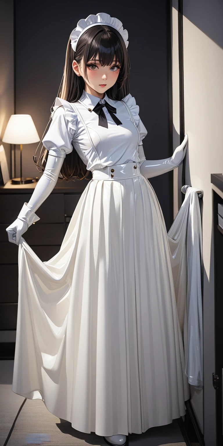 (masterpiece,Highest quality,Ultra-high resolution),Japanese women, (((Very beautiful 25 year old girl))),(White latex maid outfit)、White latex long skirt、(White latex long sleeve shirt)、white latex long gloves、White latex socks、The clothes fit snugly to the body、Latex is very shiny、Dark Room