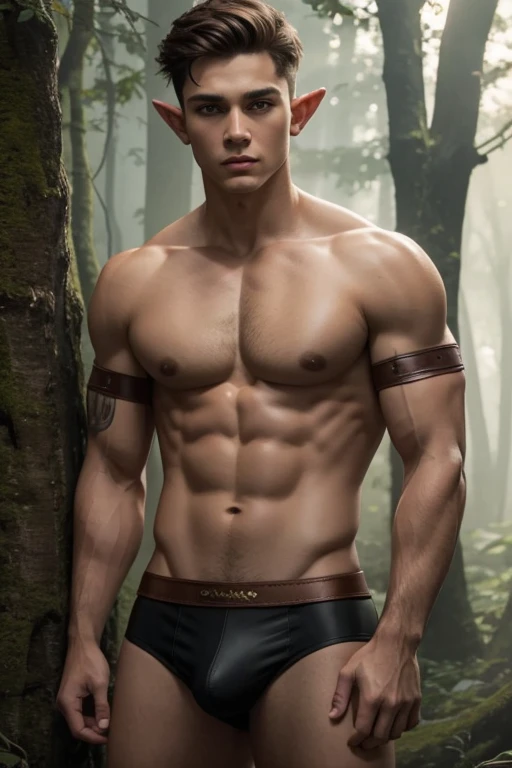 handsome age male savage elf, short hair with undercut, brown leather jockstrap, dark fantasy forest