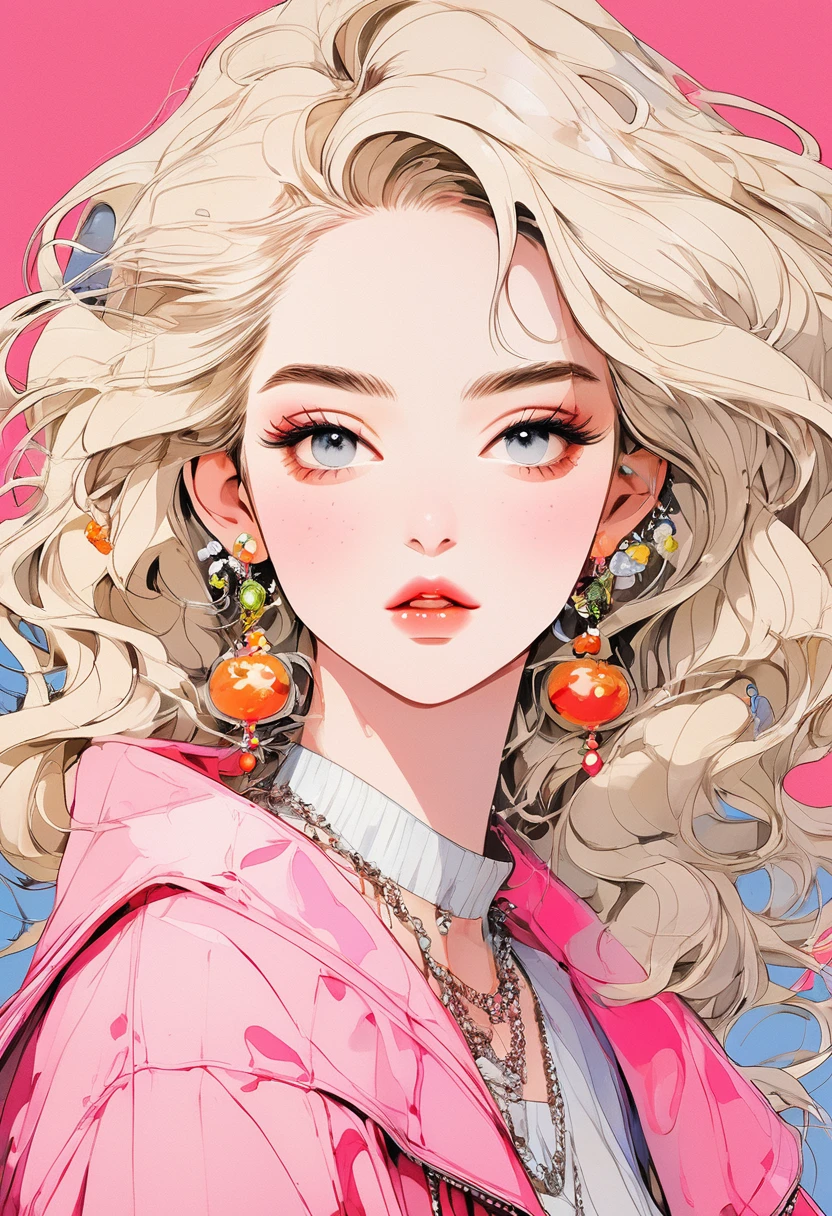 (Highest quality:0.8), (Highest quality:0.8), Perfect illustration,Beautiful woman portrait、One girl, bangs, Black nails, Blonde, Mouth closed, clavicle, ear Earrings, Earrings, Fashion G, hair ornaments, Food, Foodie, Jacket, jewelry, looking at iniewer, Medium Hair, Manicure, necklace, Earrings, short hair, Peony stalk, sleeines past wrists, 一人in, Both sides up, Upper Body, in, Pop Background、Droopy eyes